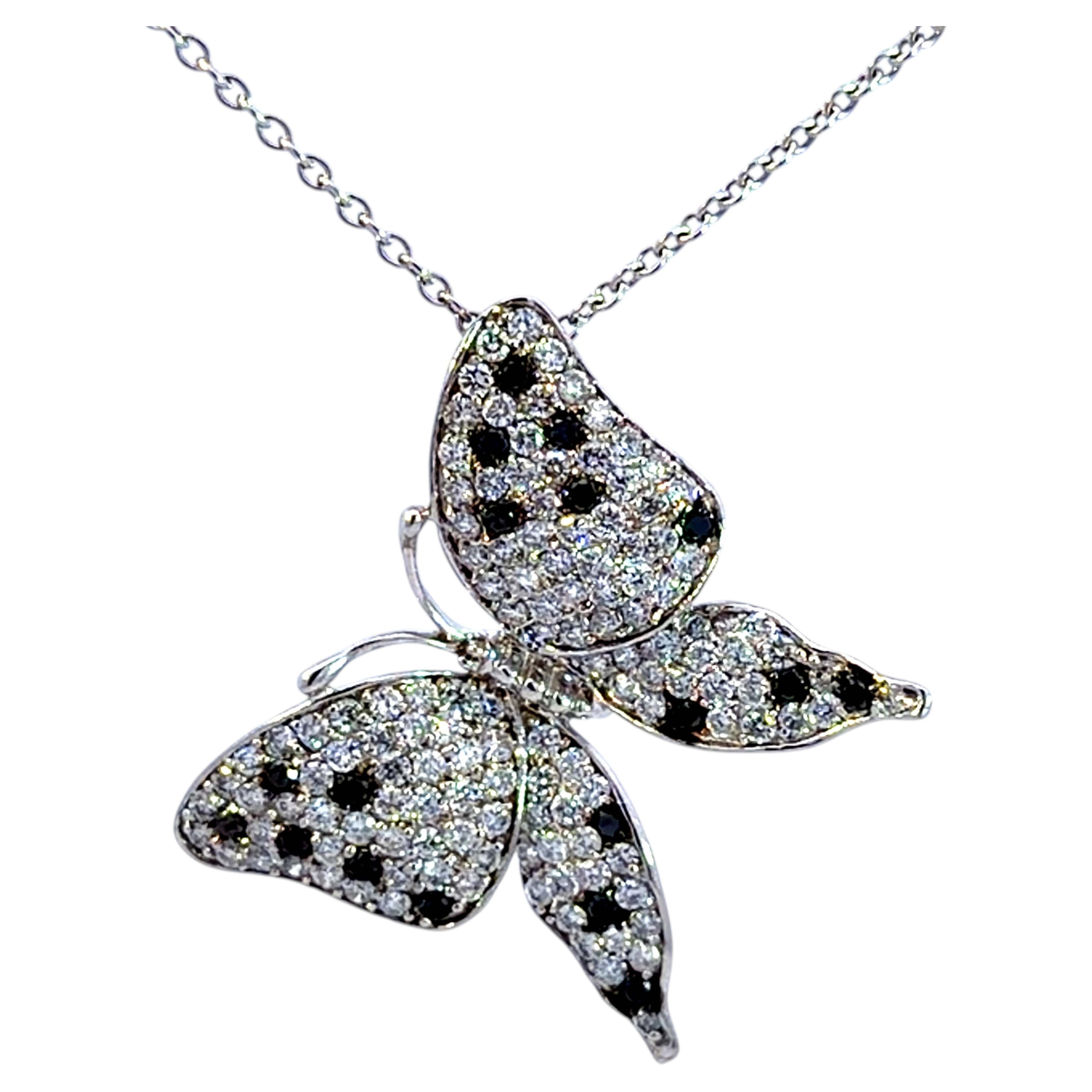 EFFY Black and White Diamond Butterfly Necklace 14K White Gold For Sale
