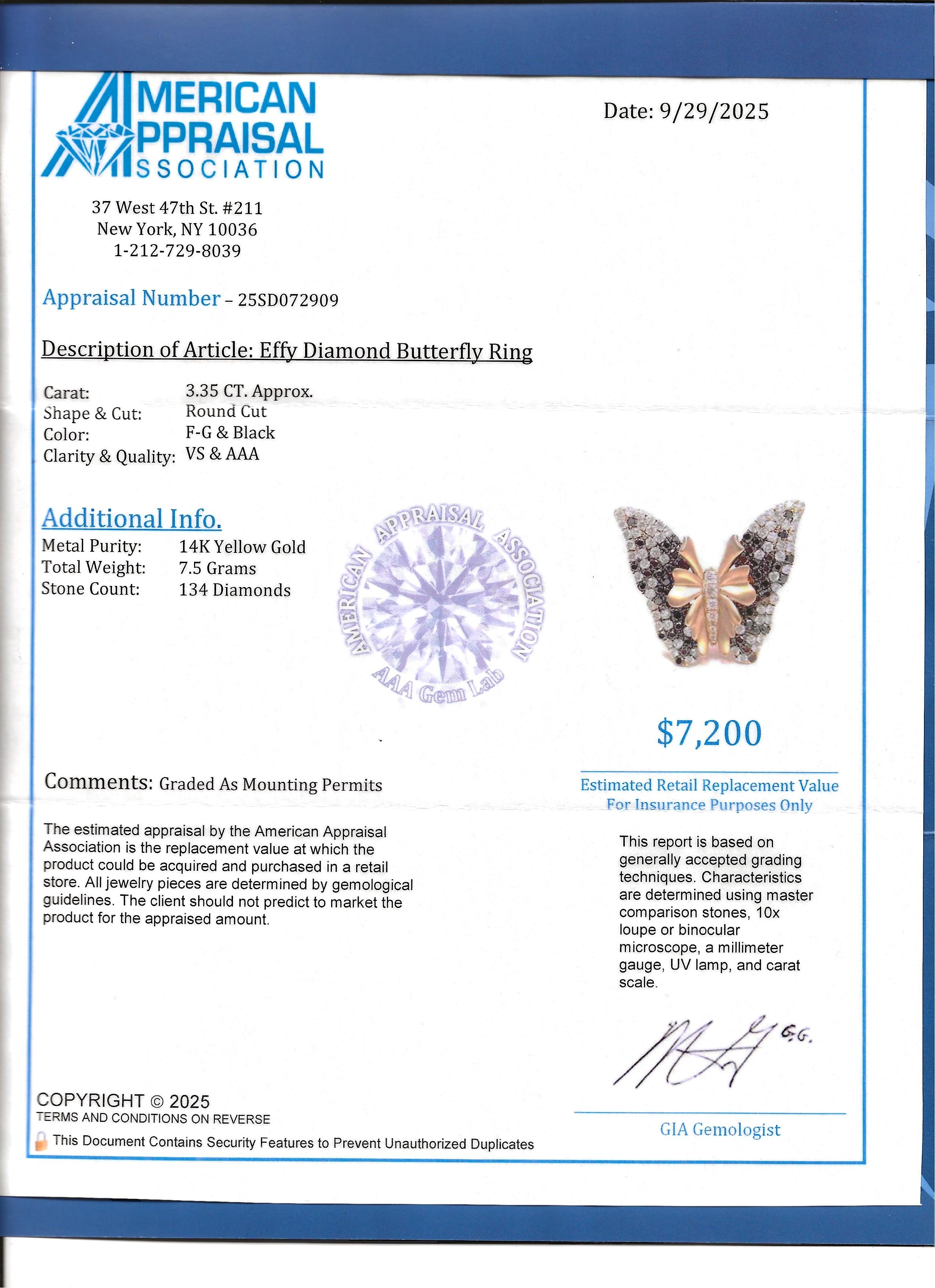 Effy - Bague cocktail papillon en or jaune 14 carats avec diamants noirs et blancs en vente 6