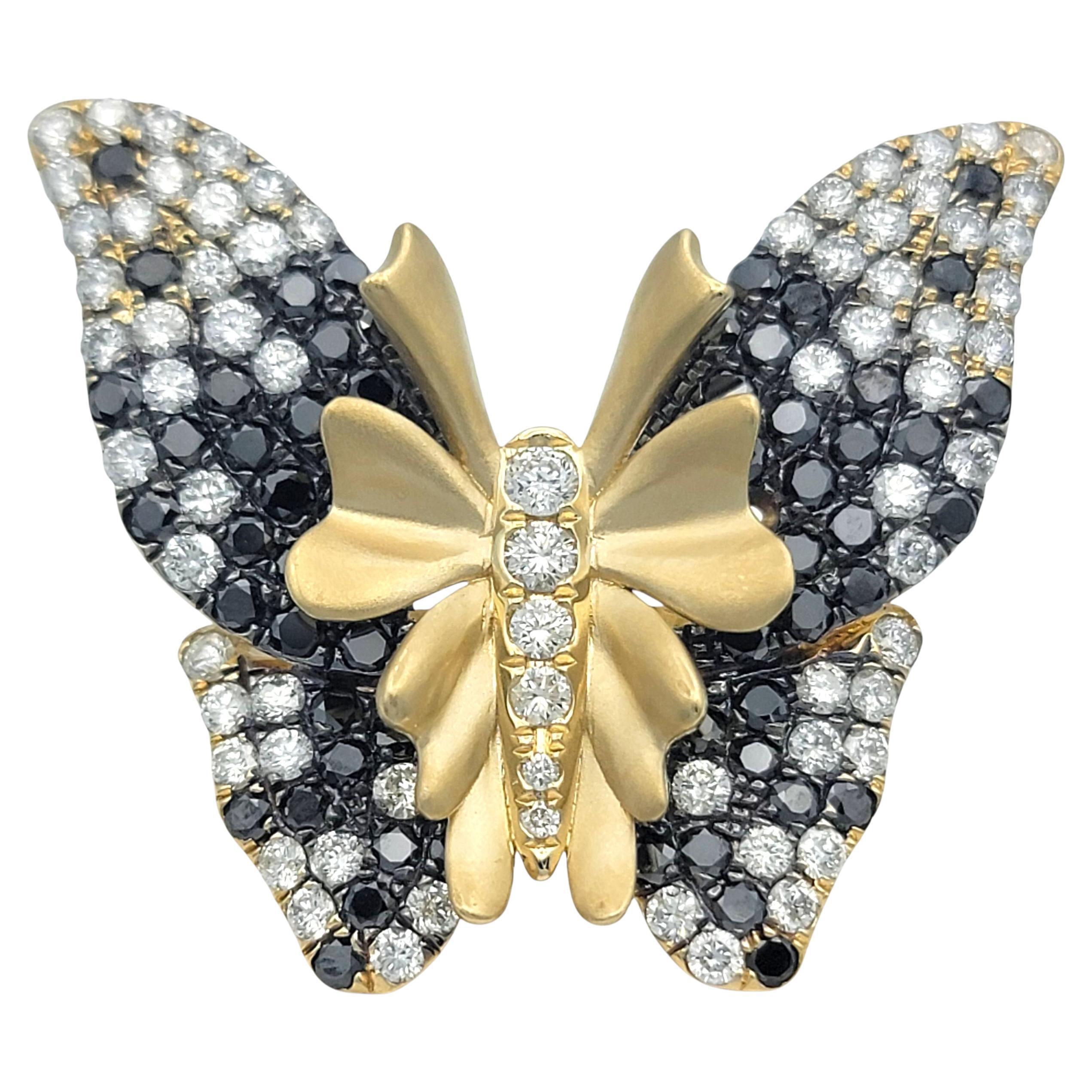 Effy - Bague cocktail papillon en or jaune 14 carats avec diamants noirs et blancs