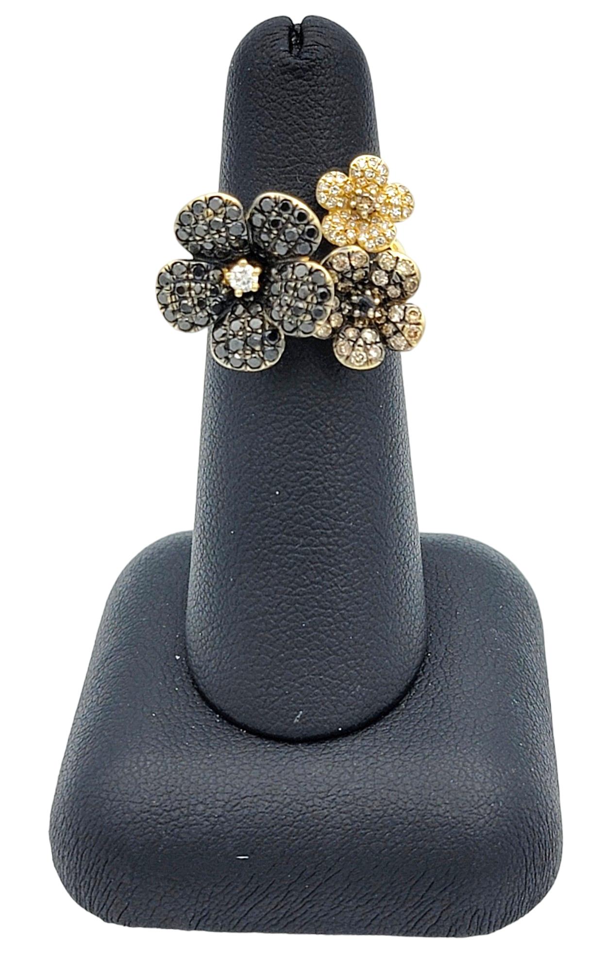 Effy Black, Brown and White Diamond Flower Cocktail Ring in 14 Karat Yellow Gold For Sale 4
