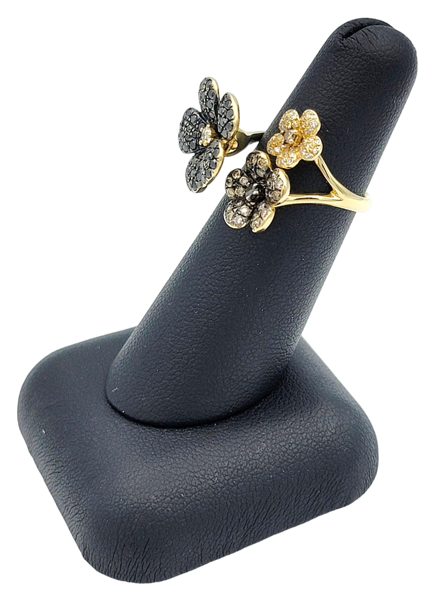 Effy Black, Brown and White Diamond Flower Cocktail Ring in 14 Karat Yellow Gold For Sale 5