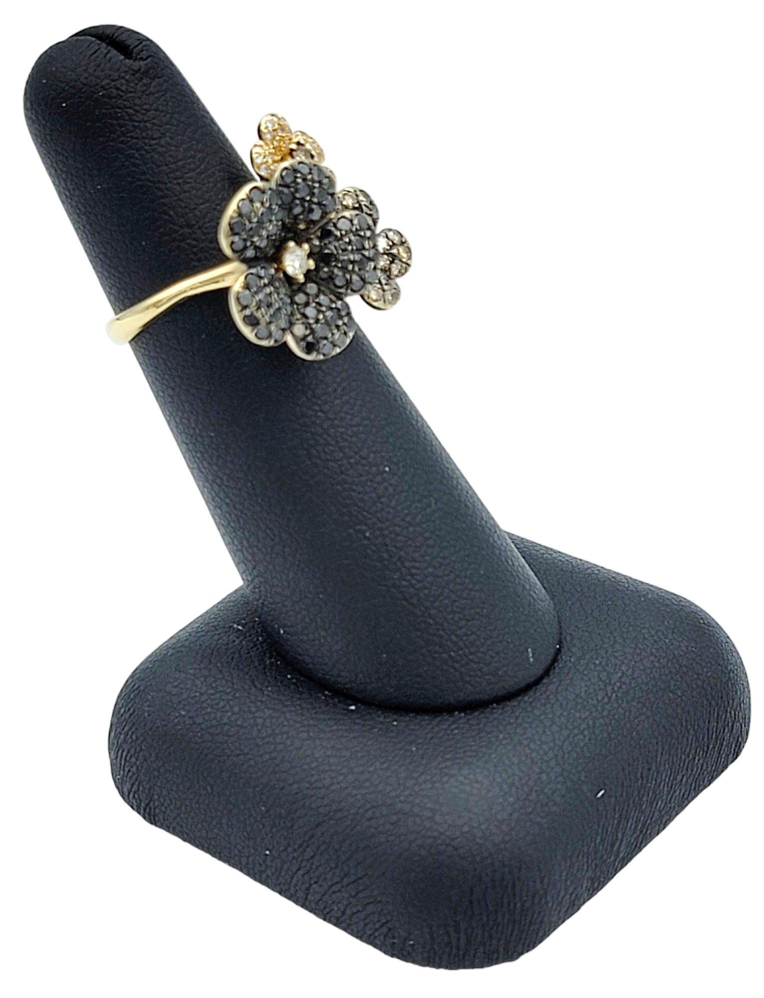 Effy Black, Brown and White Diamond Flower Cocktail Ring in 14 Karat Yellow Gold For Sale 6