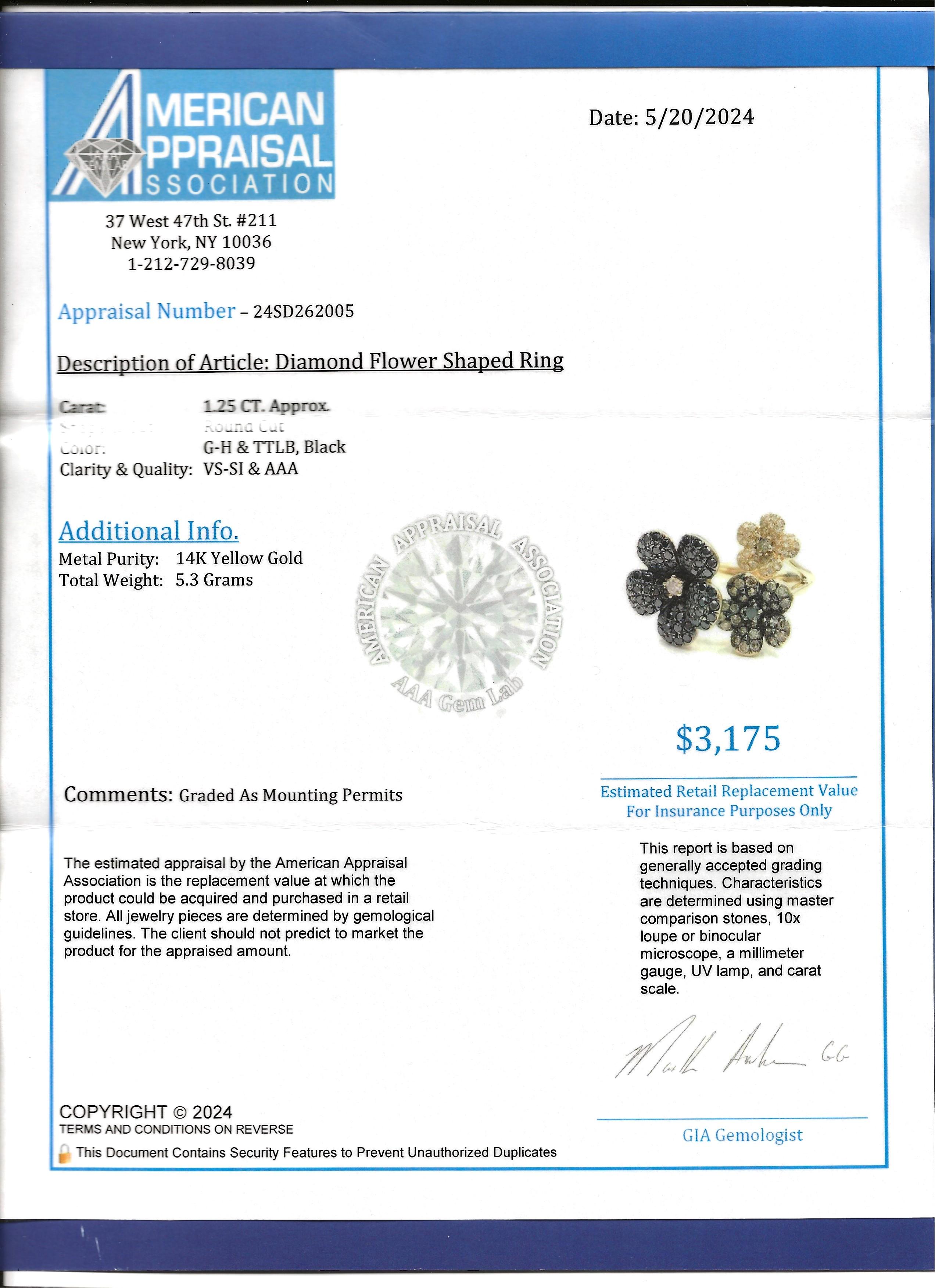 Effy Black, Brown and White Diamond Flower Cocktail Ring in 14 Karat Yellow Gold For Sale 7