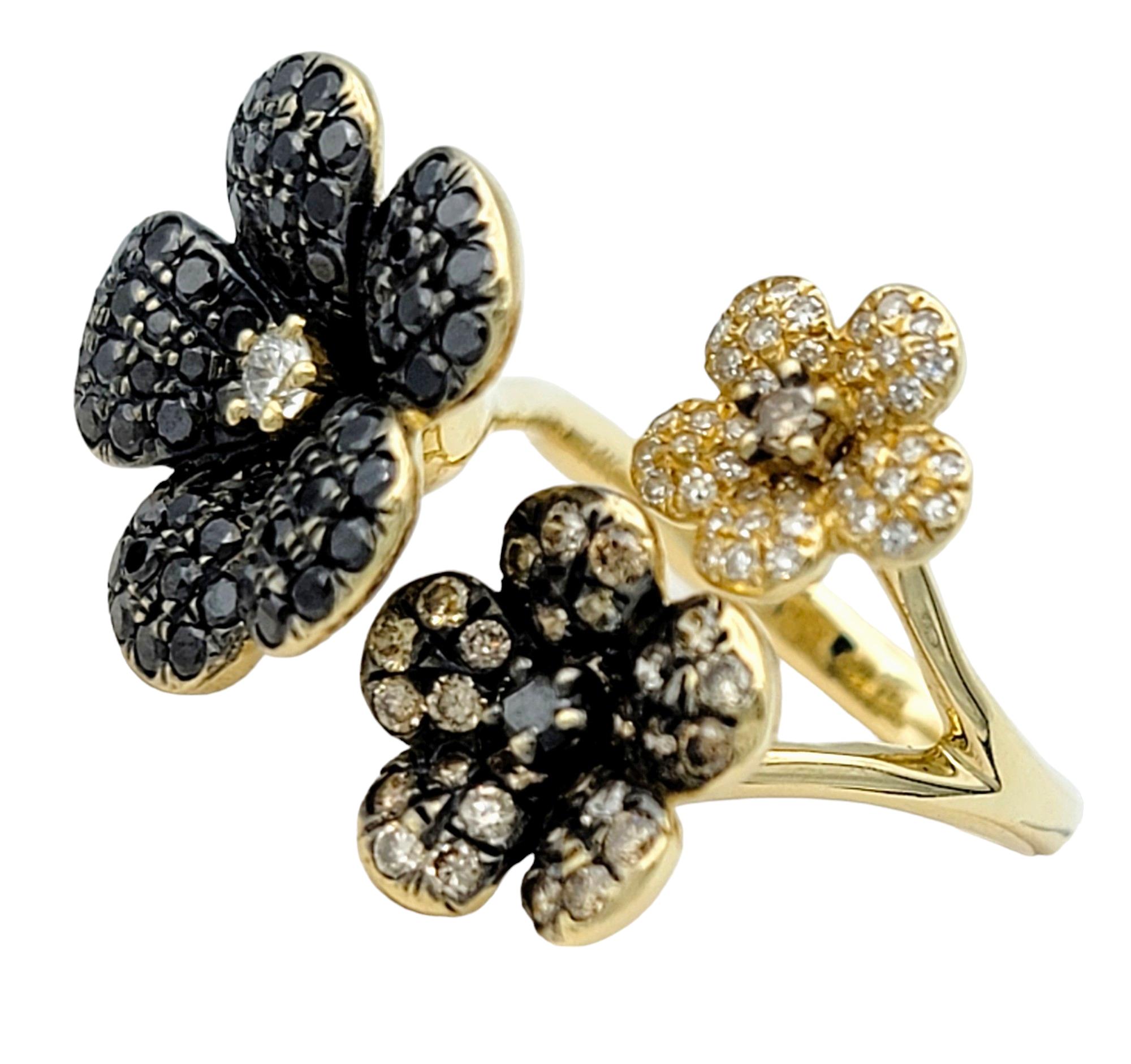 Contemporary Effy Black, Brown and White Diamond Flower Cocktail Ring in 14 Karat Yellow Gold For Sale