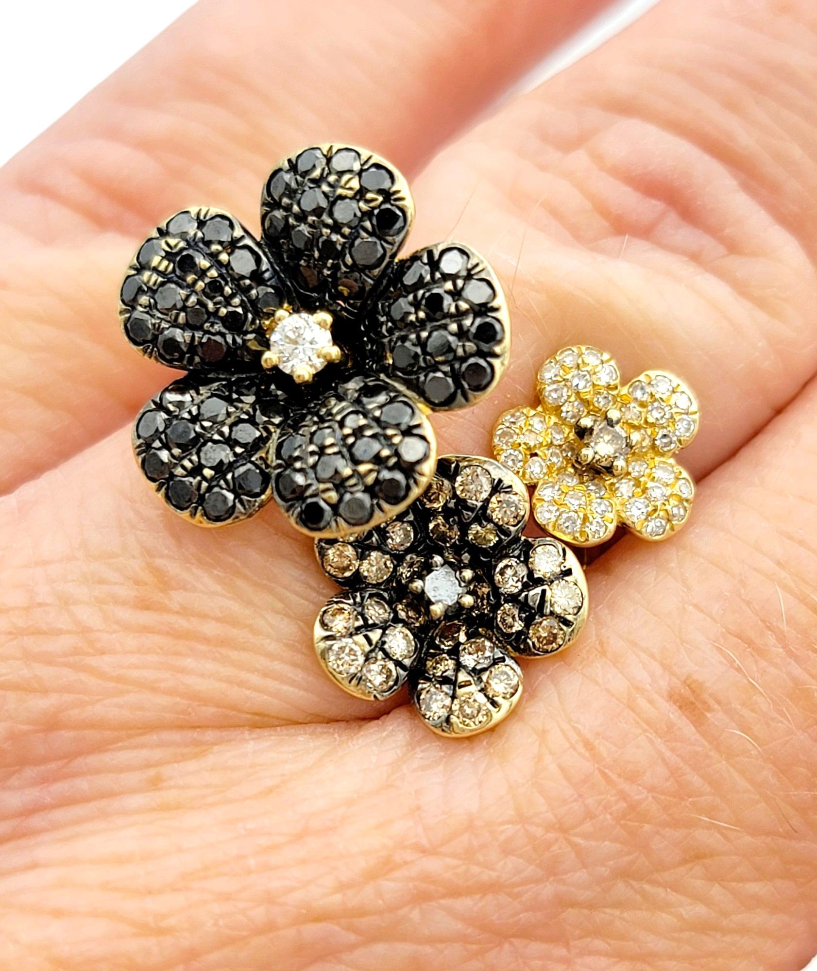 Effy Black, Brown and White Diamond Flower Cocktail Ring in 14 Karat Yellow Gold For Sale 3