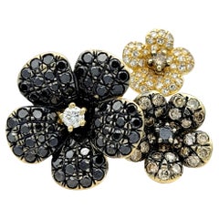 Used Effy Black, Brown and White Diamond Flower Cocktail Ring in 14 Karat Yellow Gold