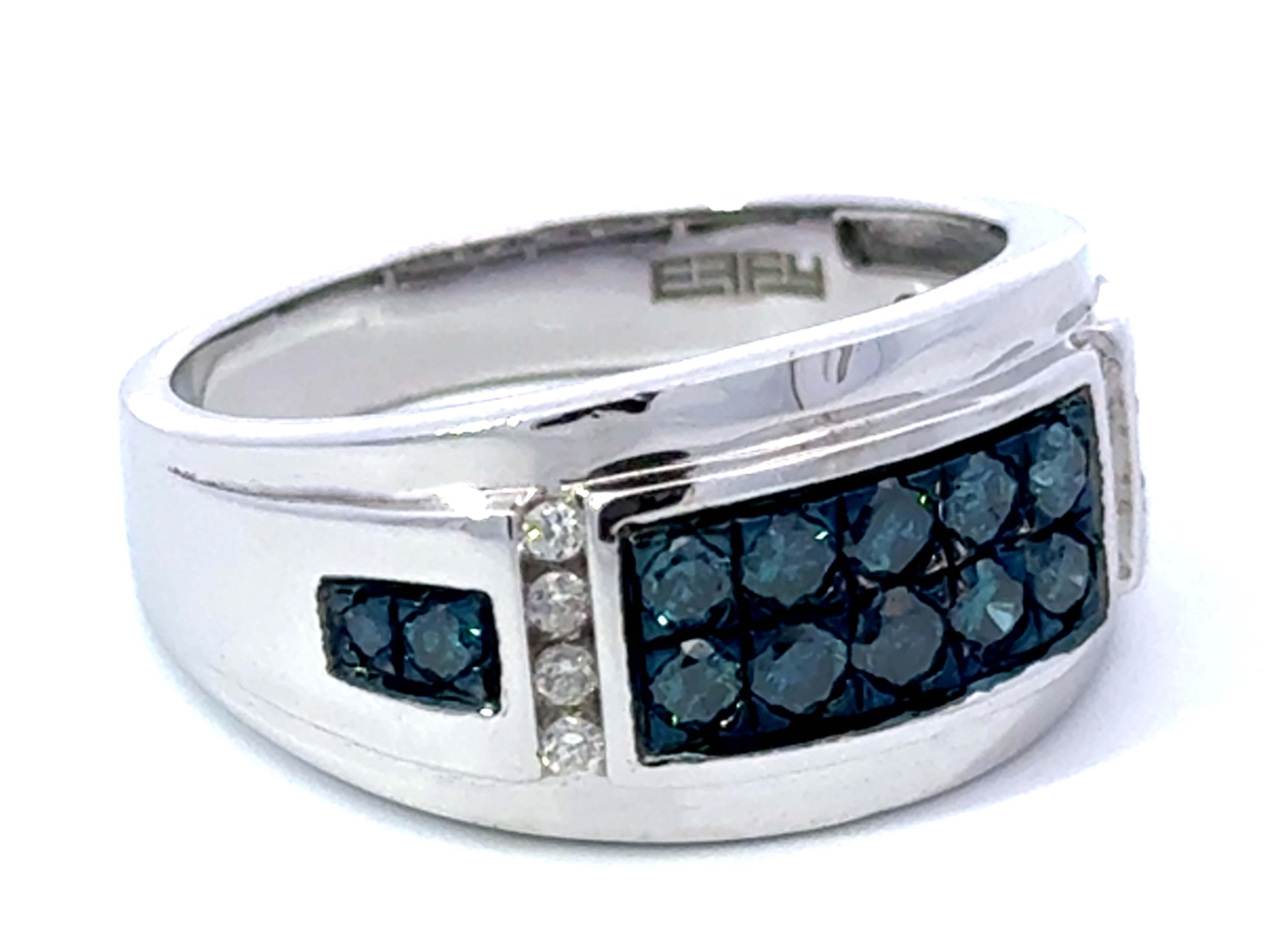 Round Cut EFFY Blue Diamond and White Diamond Mens Band Ring 14k White Gold For Sale