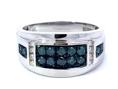 EFFY Blue Diamond and White Diamond Mens Band Ring 14k White Gold