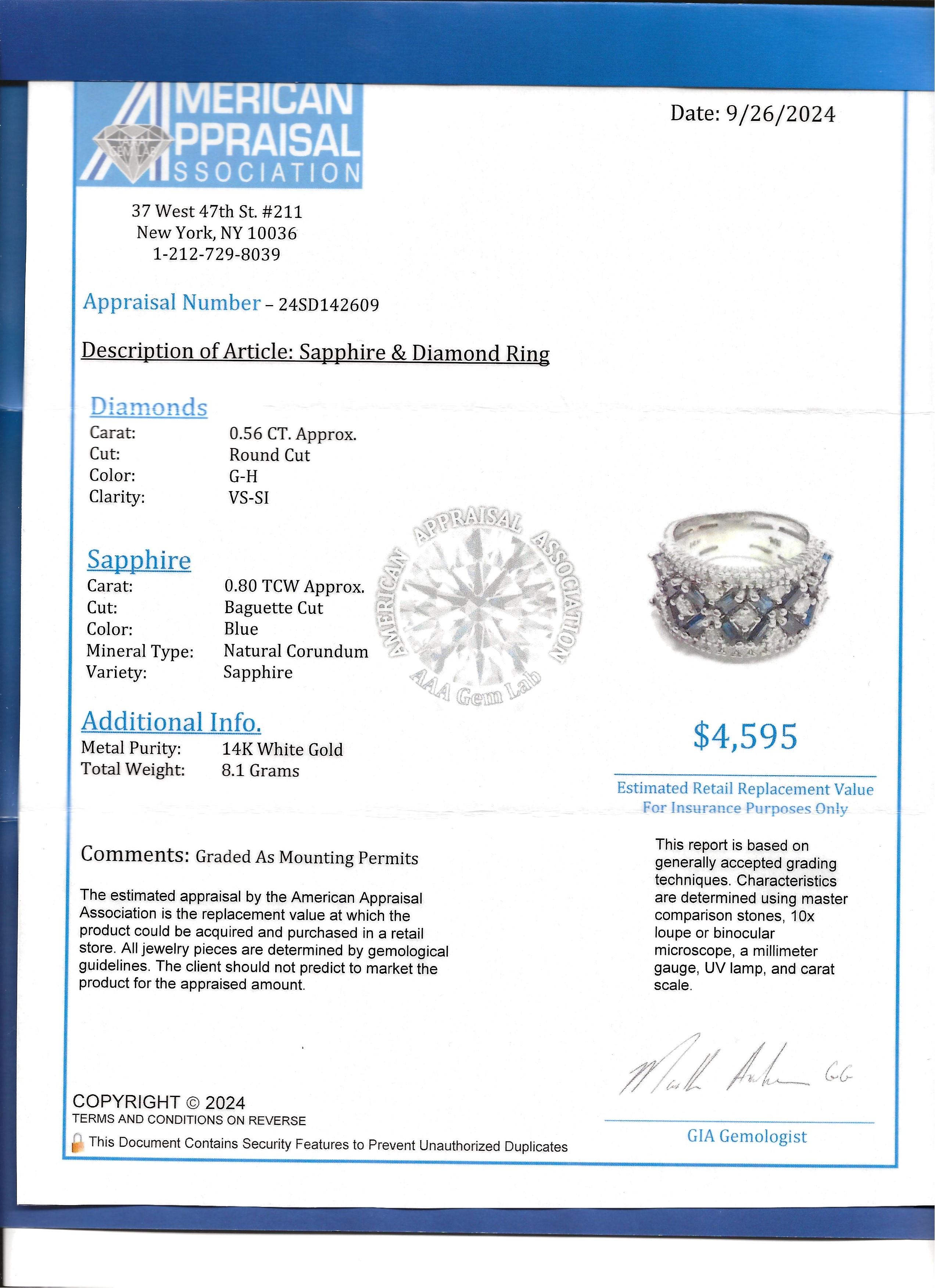 Effy Blue Sapphire and Diamond Floral Motif Wide Band Ring in 14 Karat Gold For Sale 6