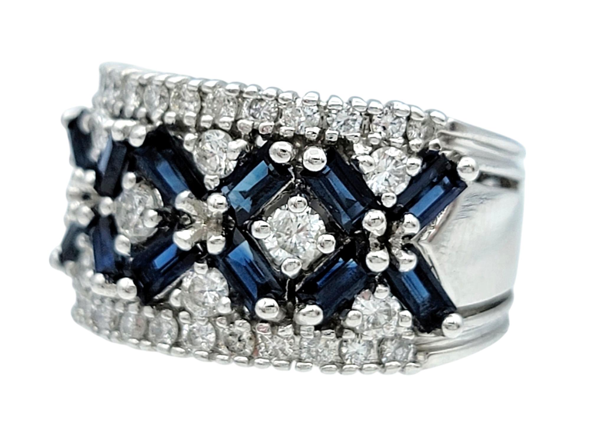 Contemporary Effy Blue Sapphire and Diamond Floral Motif Wide Band Ring in 14 Karat Gold For Sale