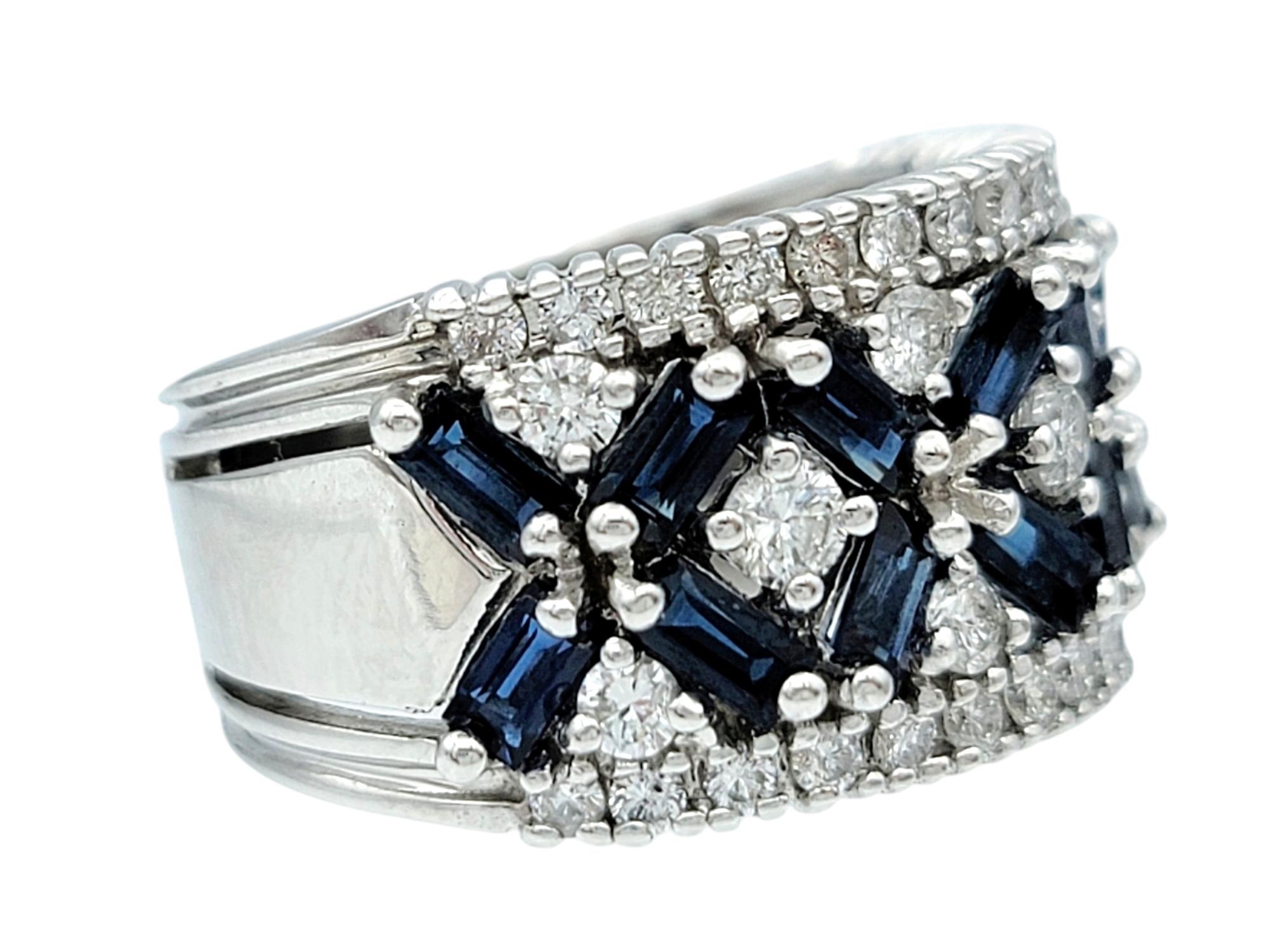 Round Cut Effy Blue Sapphire and Diamond Floral Motif Wide Band Ring in 14 Karat Gold For Sale
