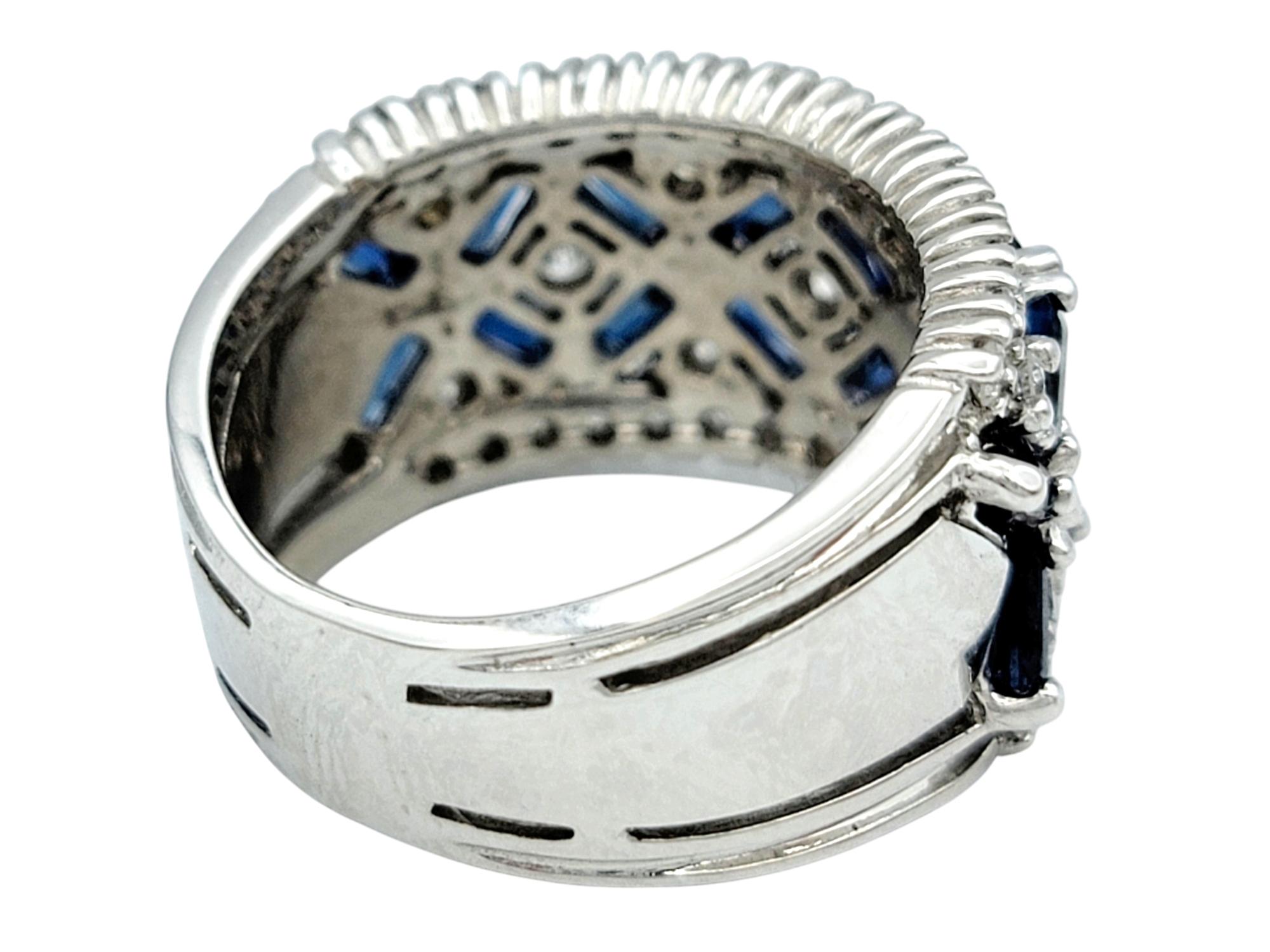 Effy Blue Sapphire and Diamond Floral Motif Wide Band Ring in 14 Karat Gold In Good Condition For Sale In Scottsdale, AZ