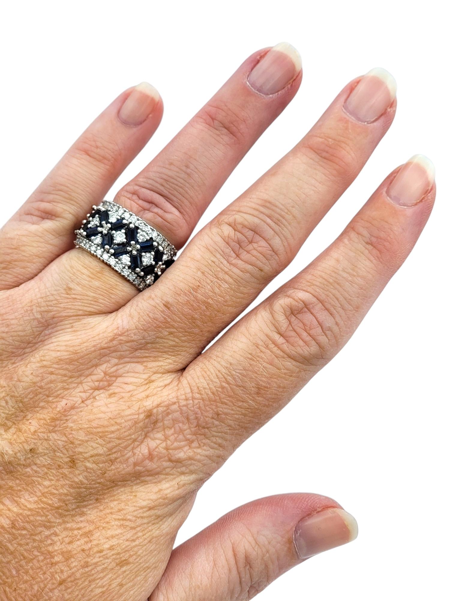 Effy Blue Sapphire and Diamond Floral Motif Wide Band Ring in 14 Karat Gold For Sale 2