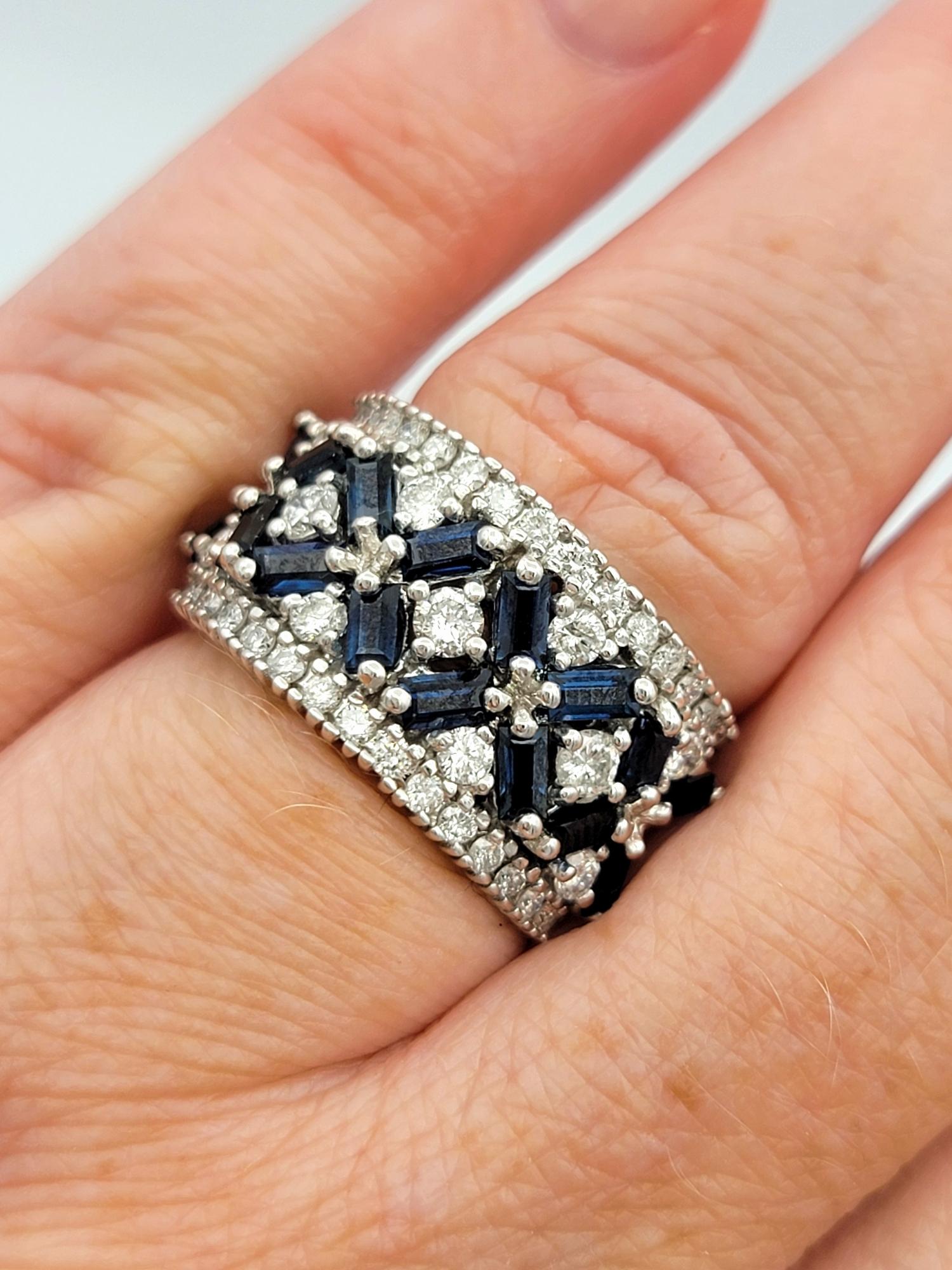 Effy Blue Sapphire and Diamond Floral Motif Wide Band Ring in 14 Karat Gold For Sale 3