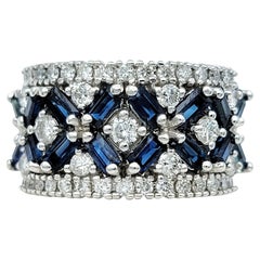 Effy Blue Sapphire and Diamond Floral Motif Wide Band Ring in 14 Karat Gold