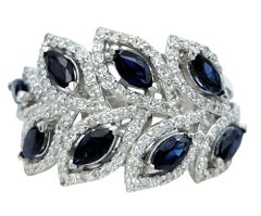 Effy Blue Sapphire and Pavé Diamond Leaf Motif Band Ring in 14 Karat White Gold