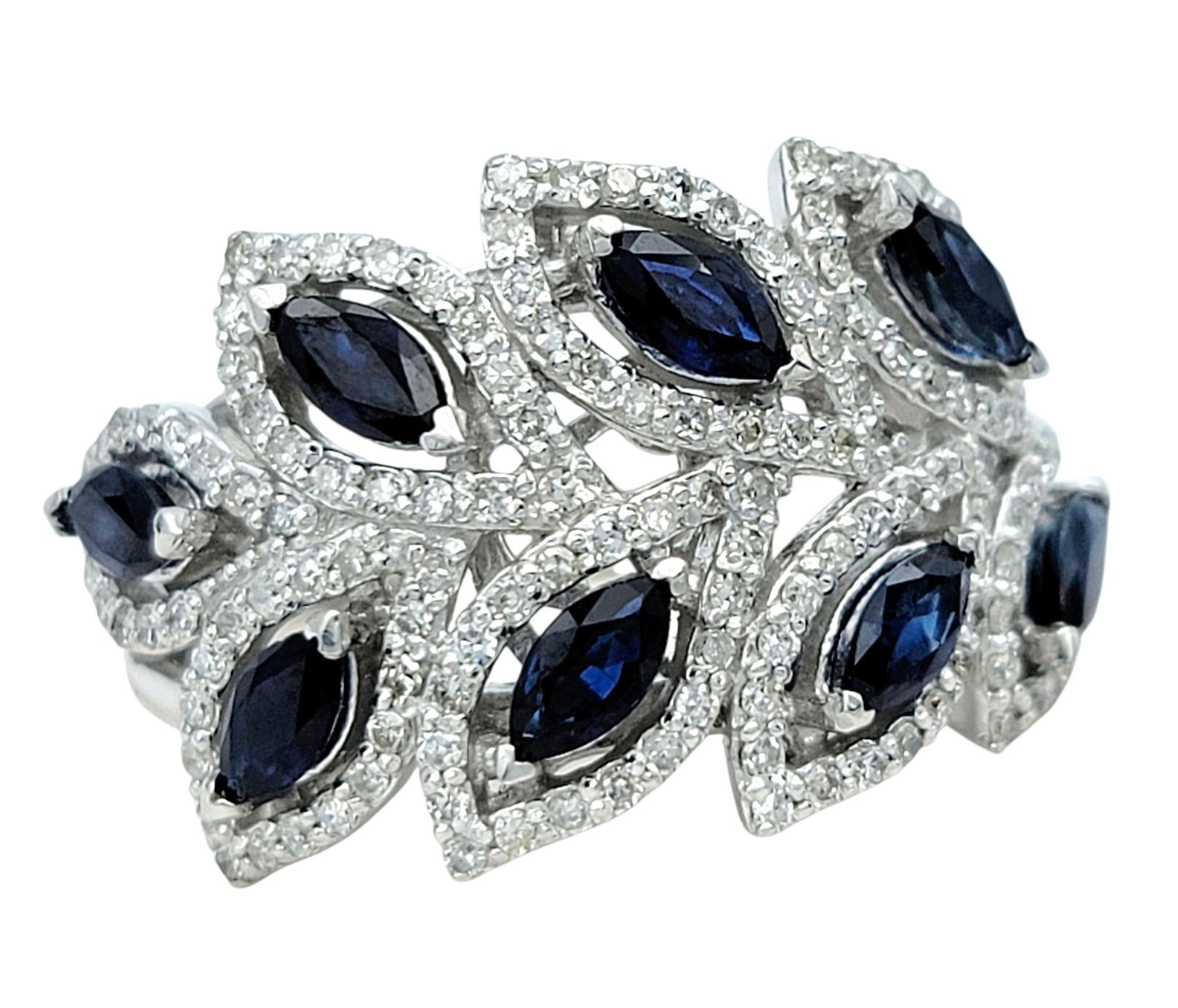 Effy Blue Sapphire and Pavé Diamond Leaf Motif Band Ring in 14 Karat White Gold (Zeitgenössisch) im Angebot