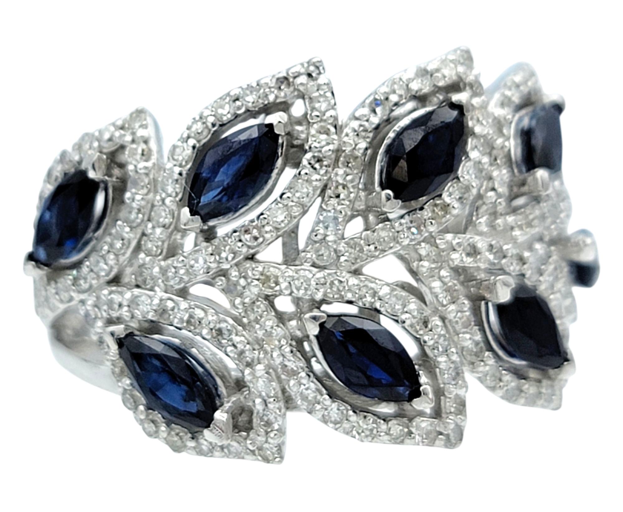 Effy Blue Sapphire and Pavé Diamond Leaf Motif Band Ring in 14 Karat White Gold (Marquiseschliff) im Angebot