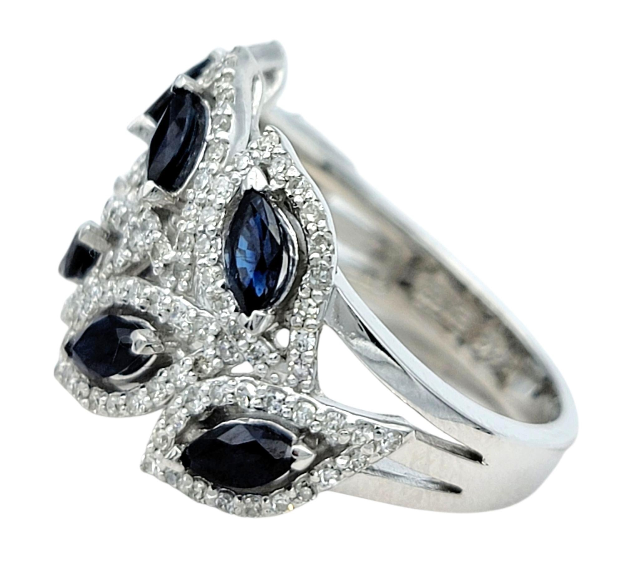 Effy Blue Sapphire and Pavé Diamond Leaf Motif Band Ring in 14 Karat White Gold im Zustand „Gut“ im Angebot in Scottsdale, AZ