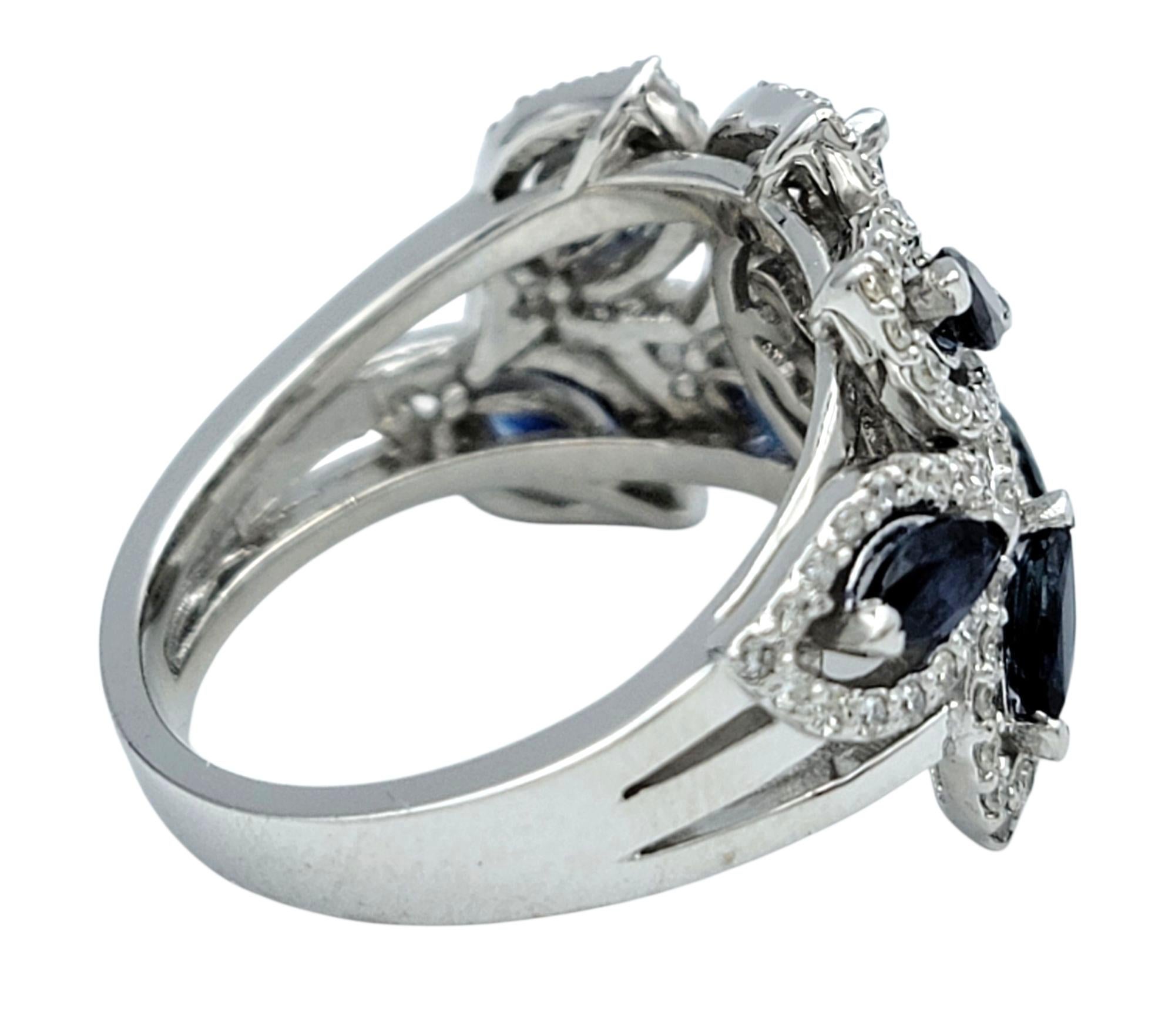 Effy Blue Sapphire and Pavé Diamond Leaf Motif Band Ring in 14 Karat White Gold Damen im Angebot