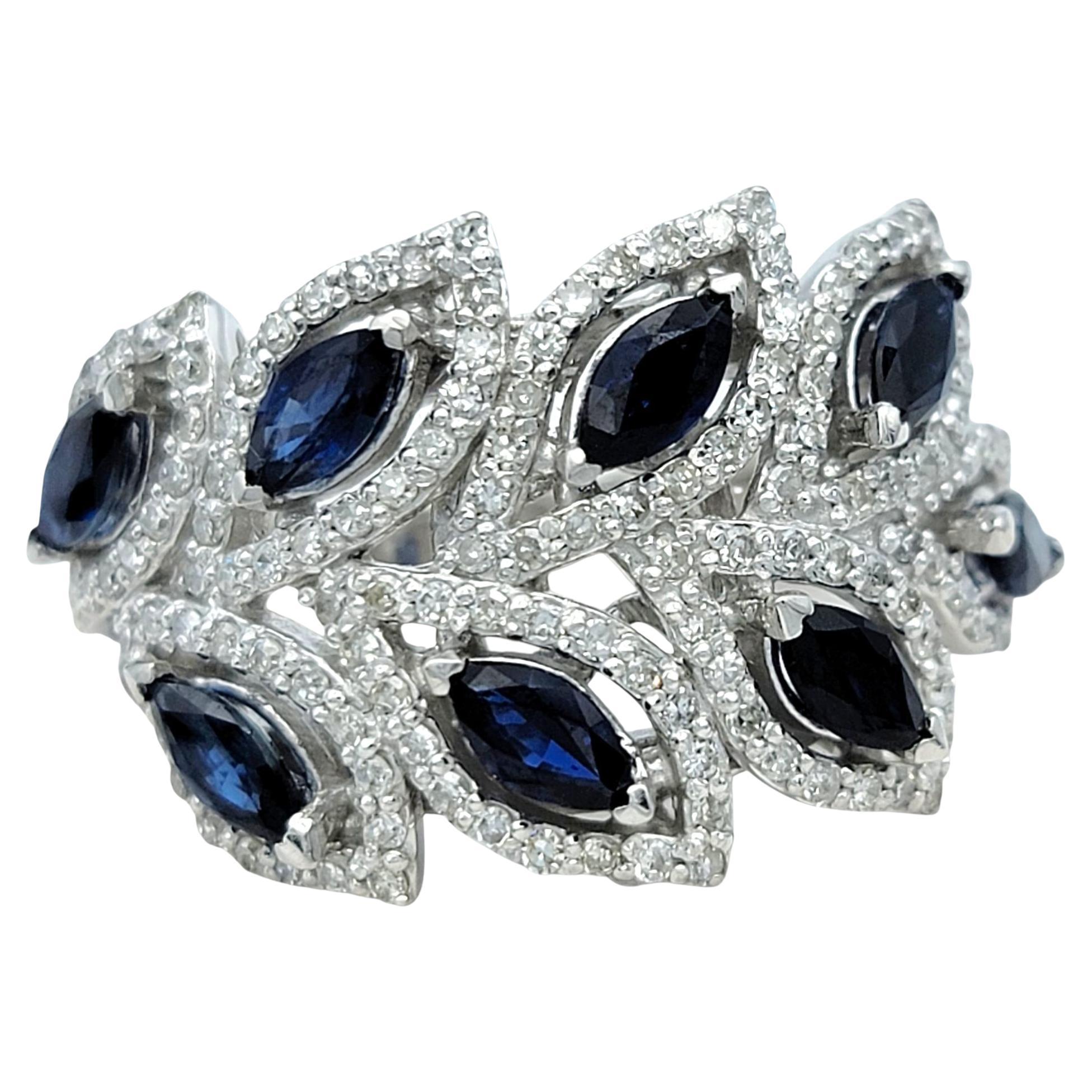 Effy Blue Sapphire and Pavé Diamond Leaf Motif Band Ring in 14 Karat White Gold