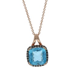 EFFY Blue Topaz Diamond Halo Necklace 18 1/4" Rose Gold 14k Sq Cushion 6.24ctw