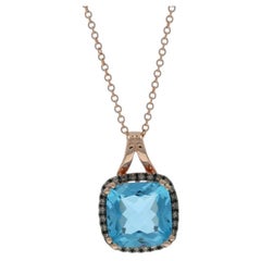 EFFY Blue Topaz Diamond Halo Necklace 18 1/4" Rose Gold 14k Sq Cushion 6.24ctw