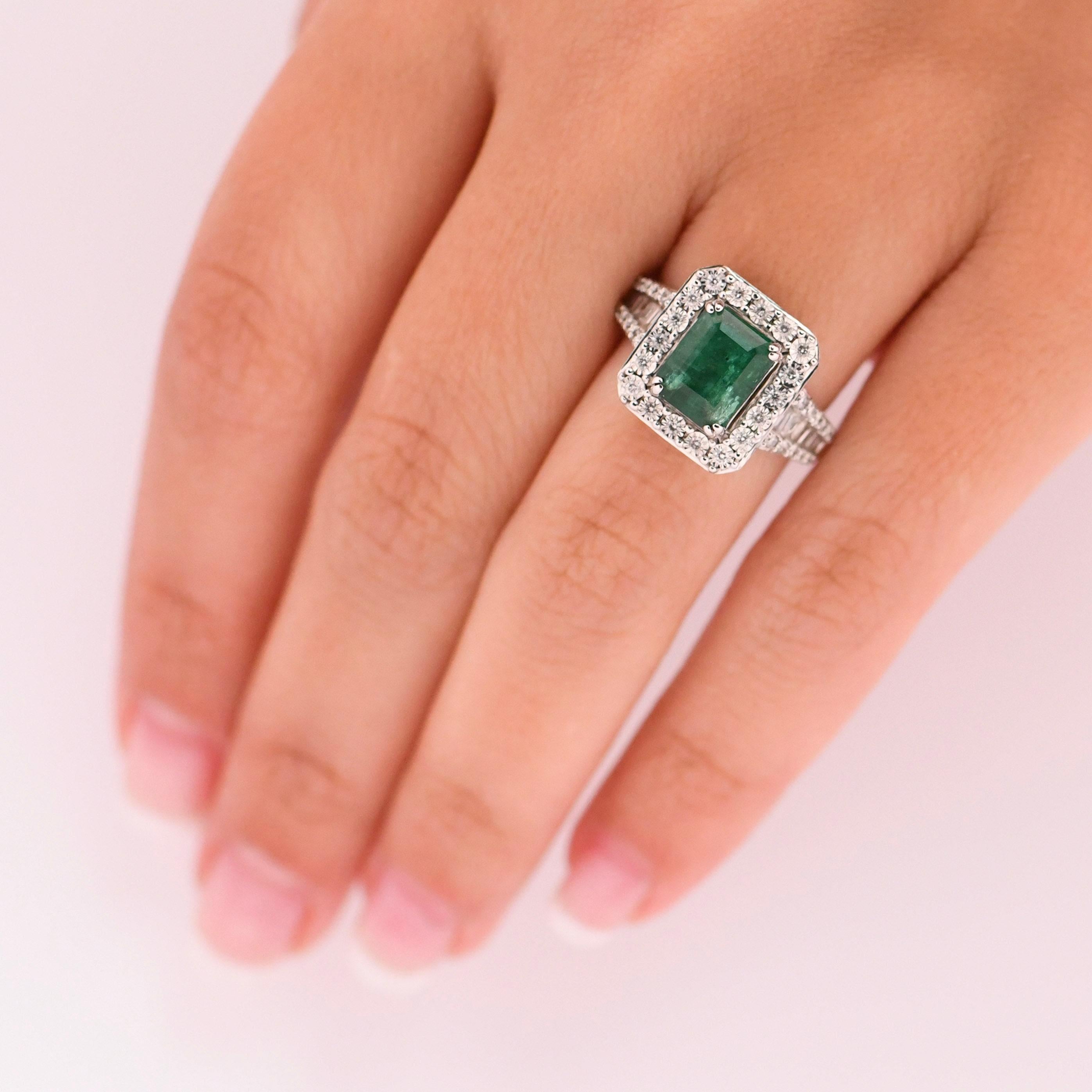Women's EFFY Bold 14K White Gold Emerald Cut Green Emerald and Square Diamond Halo