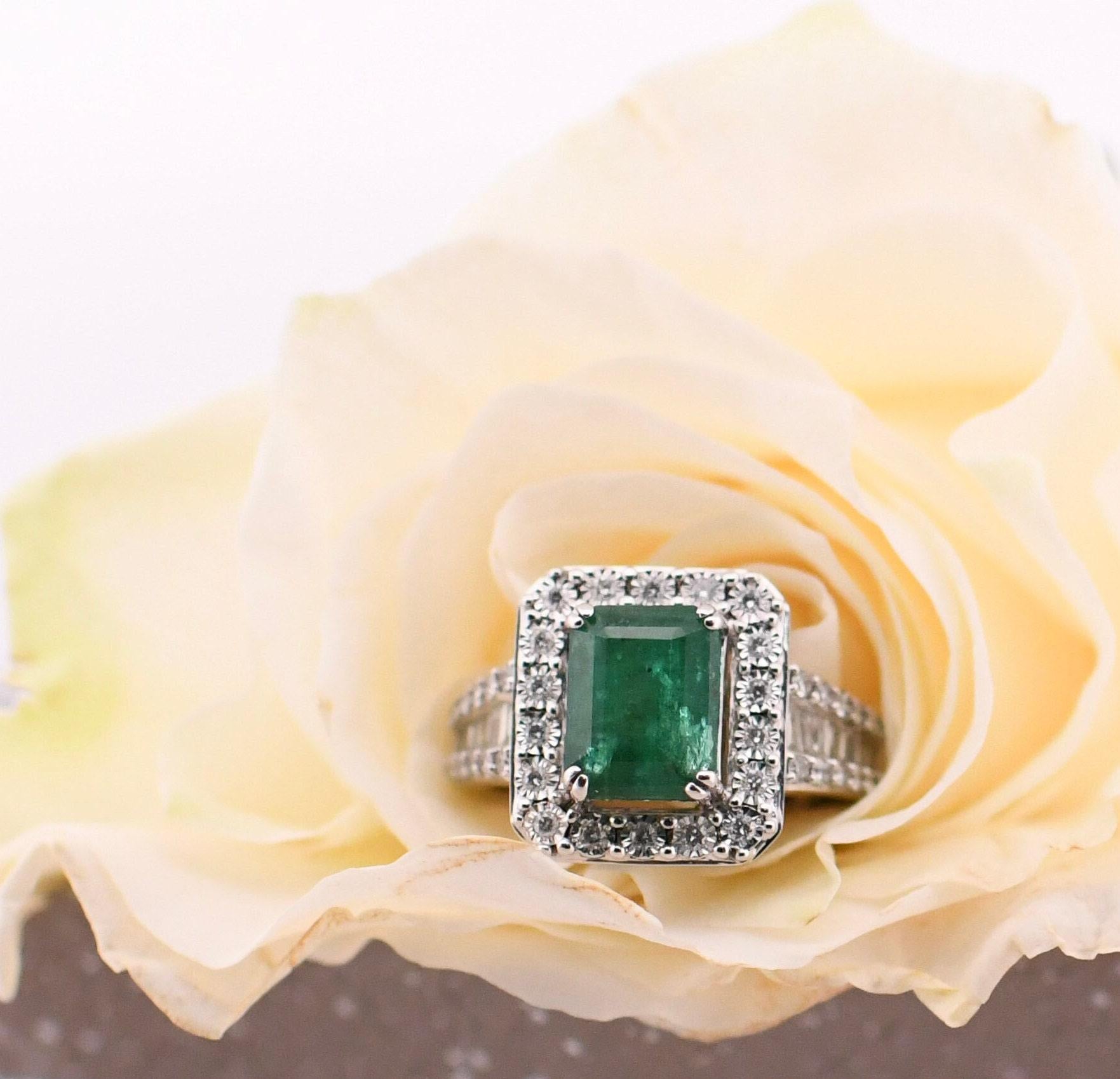 EFFY Bold 14K White Gold Emerald Cut Green Emerald and Square Diamond Halo 2