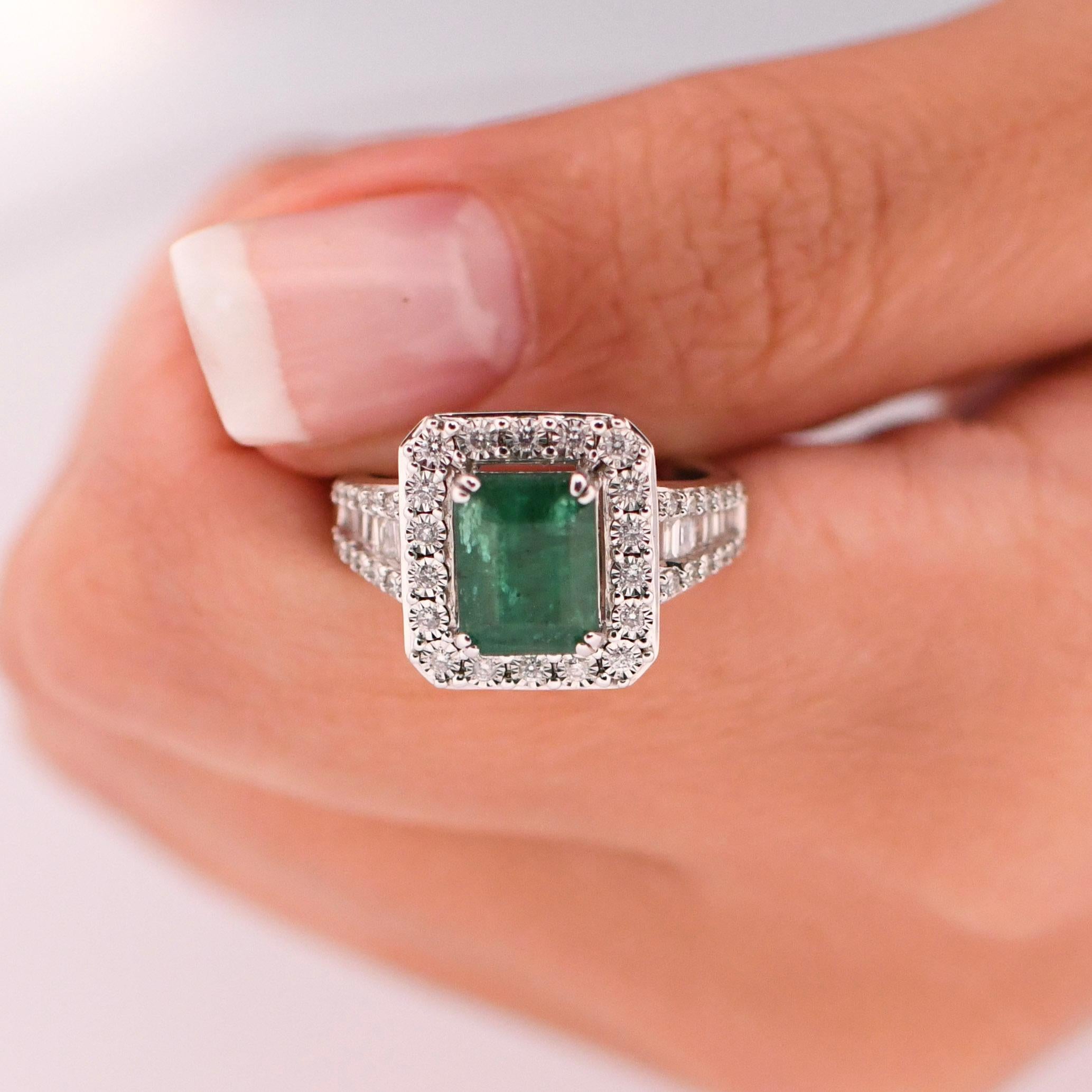 EFFY Bold 14K White Gold Emerald Cut Green Emerald and Square Diamond Halo 3