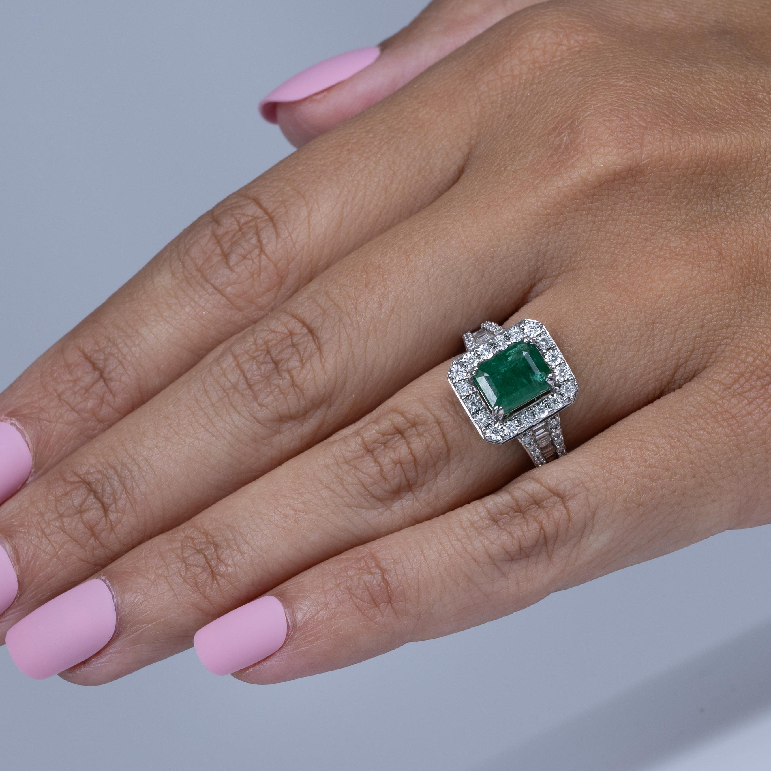 EFFY Bold 14K White Gold Emerald Cut Green Emerald and Square Diamond Halo 3