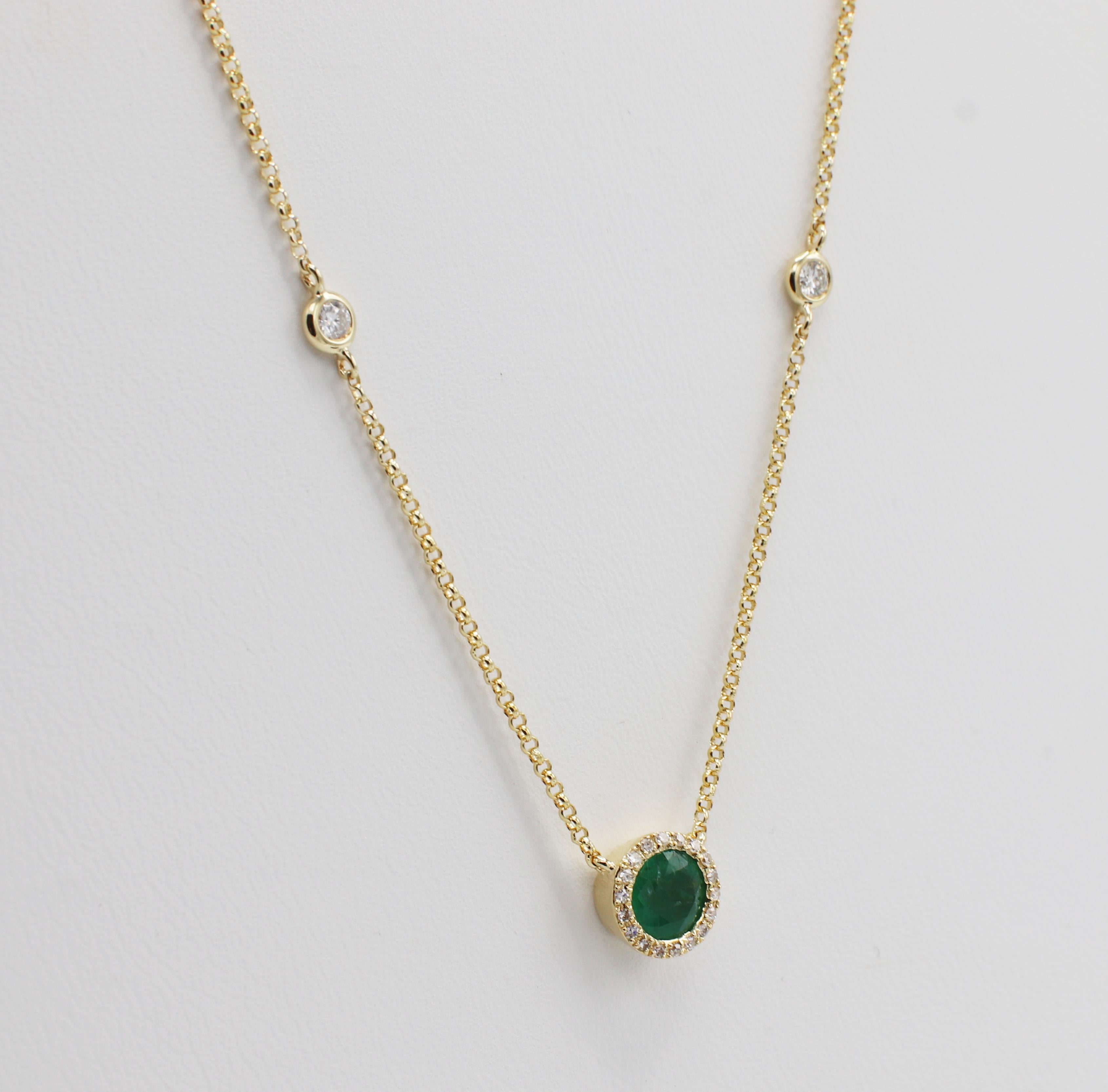 Effy Brasilica 14K Yellow Gold Emerald and Diamond By The Yard Necklace
Metal: 14k yellow gold
Weight: 3.1 grams
Diamonds: Approx. .50 CTW G VS
Emerald: Approx. .40 carats, 5.2mm
Length: 17.5 inches (has bales and can be worn at 17