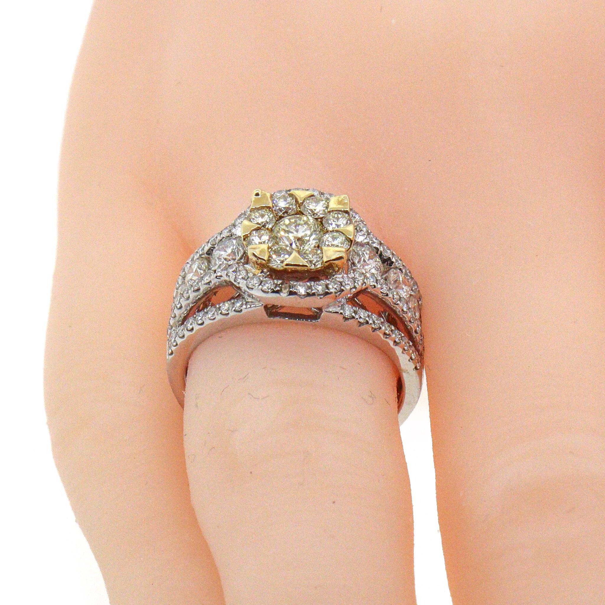 14 kt Yellow and White Gold
Diamond: 2.16 ct twd
Color: G
Clarity: SI1
Center Stone: Color K, Clarity: SI
Ring Size: 7.25
Total Weight: 7.13 grams
Preowned