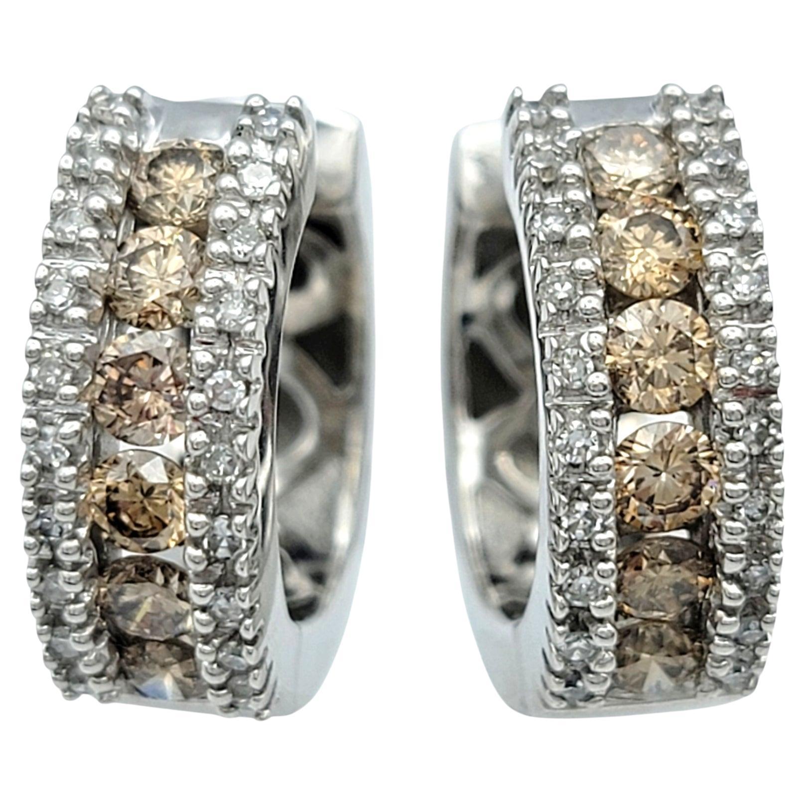 Effy Champagne and White Diamond Huggie Hoop Earrings in 14 Karat White Gold