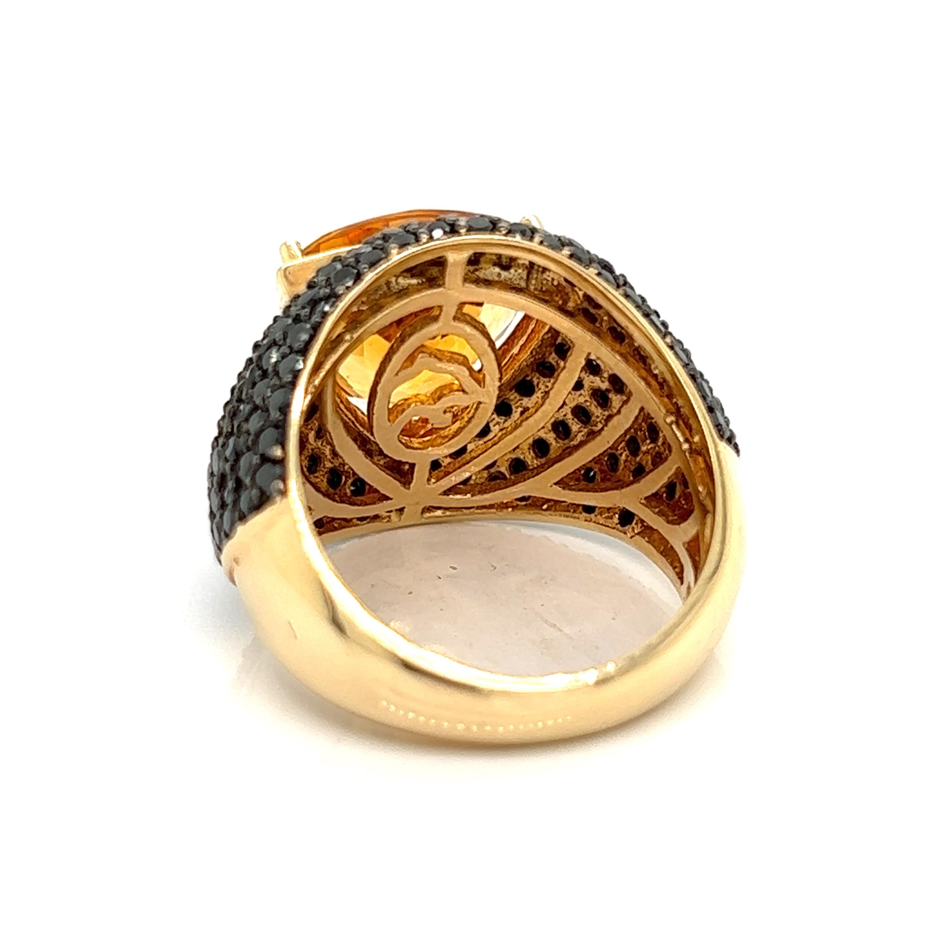 Trillion Cut Effy Citrine and Black Diamond 14K Yellow Gold Ring For Sale