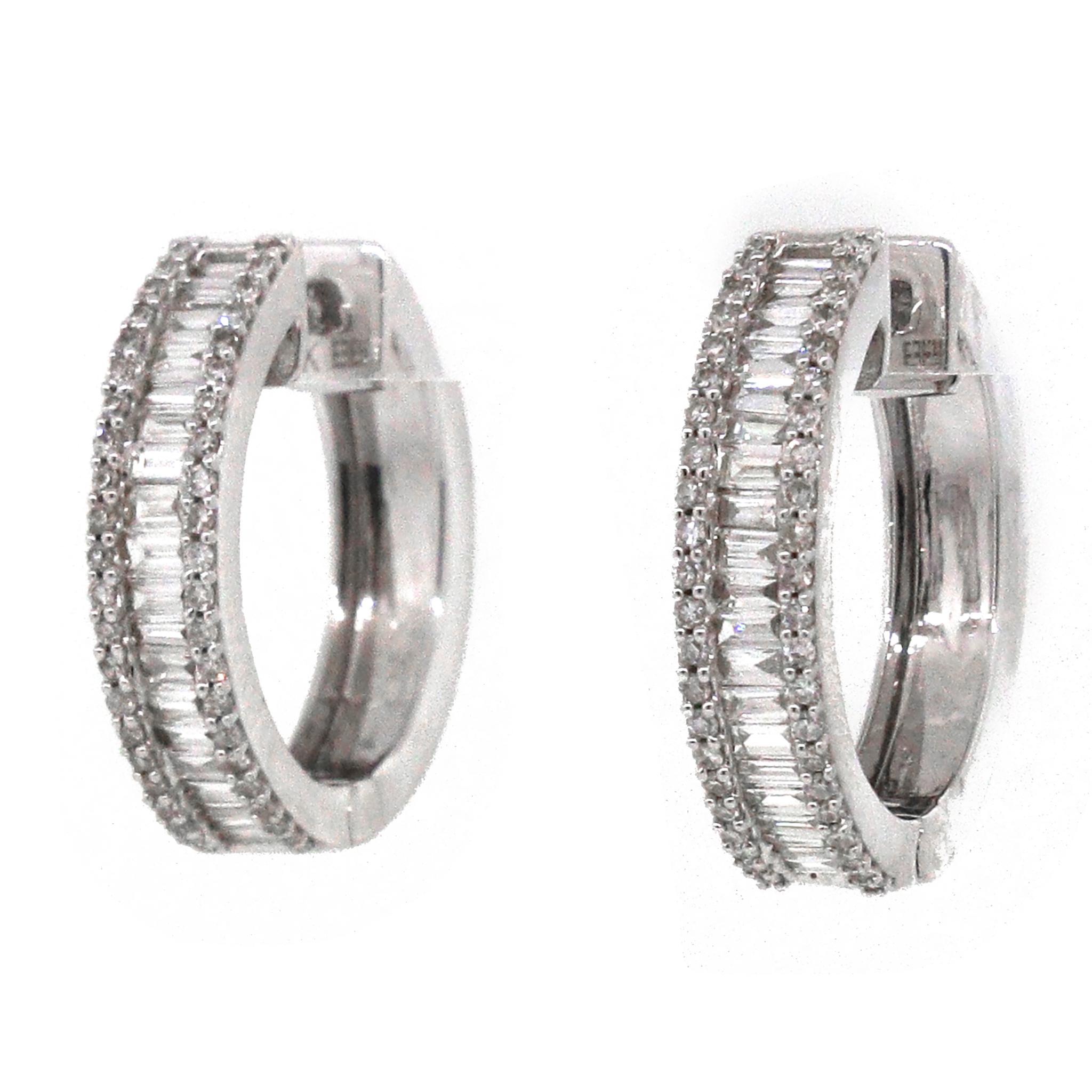 14k White Gold
Diamond: 1.53 ct twd
Color: G-H
Clarity: VS-SI2
Cut: Round and Baguettes
Length: 1/2 inch