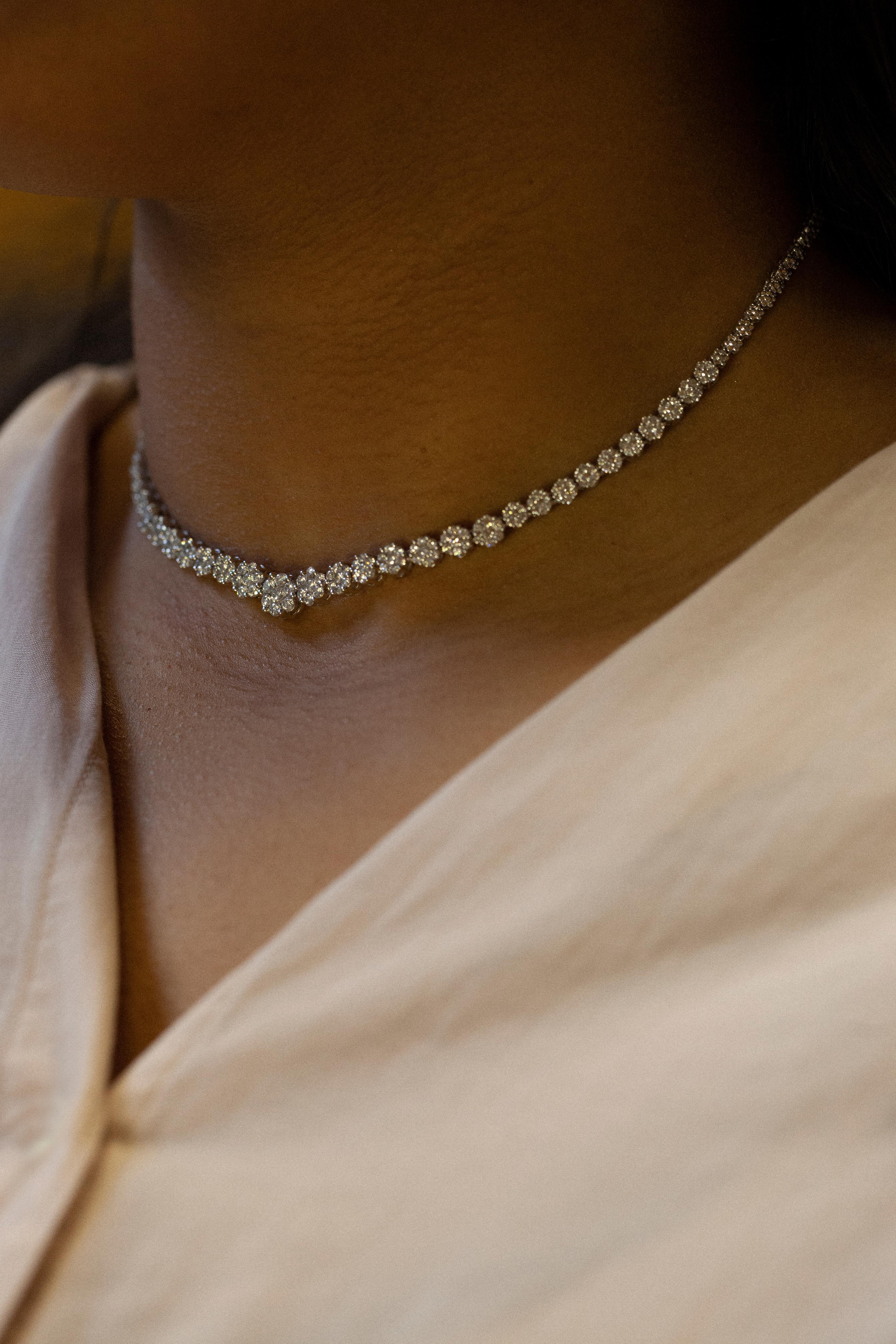 Modern Effy Diamond Cluster and 14 Carat White Gold Graduated Tennis Collar Necklace For Sale