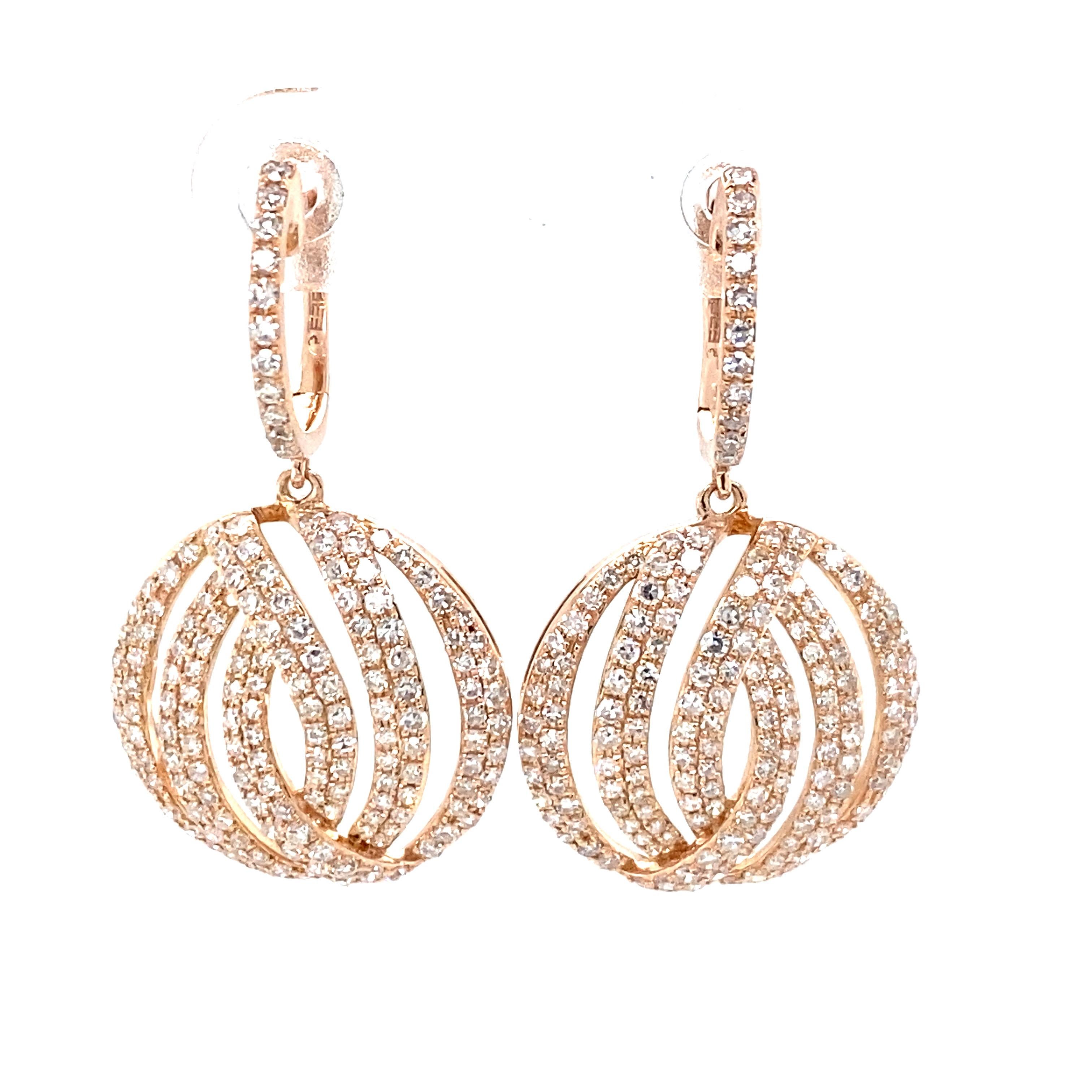 Effy Diamond Dangle Earrings in 14K Rose Gold.  128 Round Brilliant Cut Diamonds weighing 1.0 carat total weight, G-I in color and VS-SI in clarity are expertly set.  The Earrings measure 1 1/8 inch in length and 11/16 inch in width. 4.2 grams.
