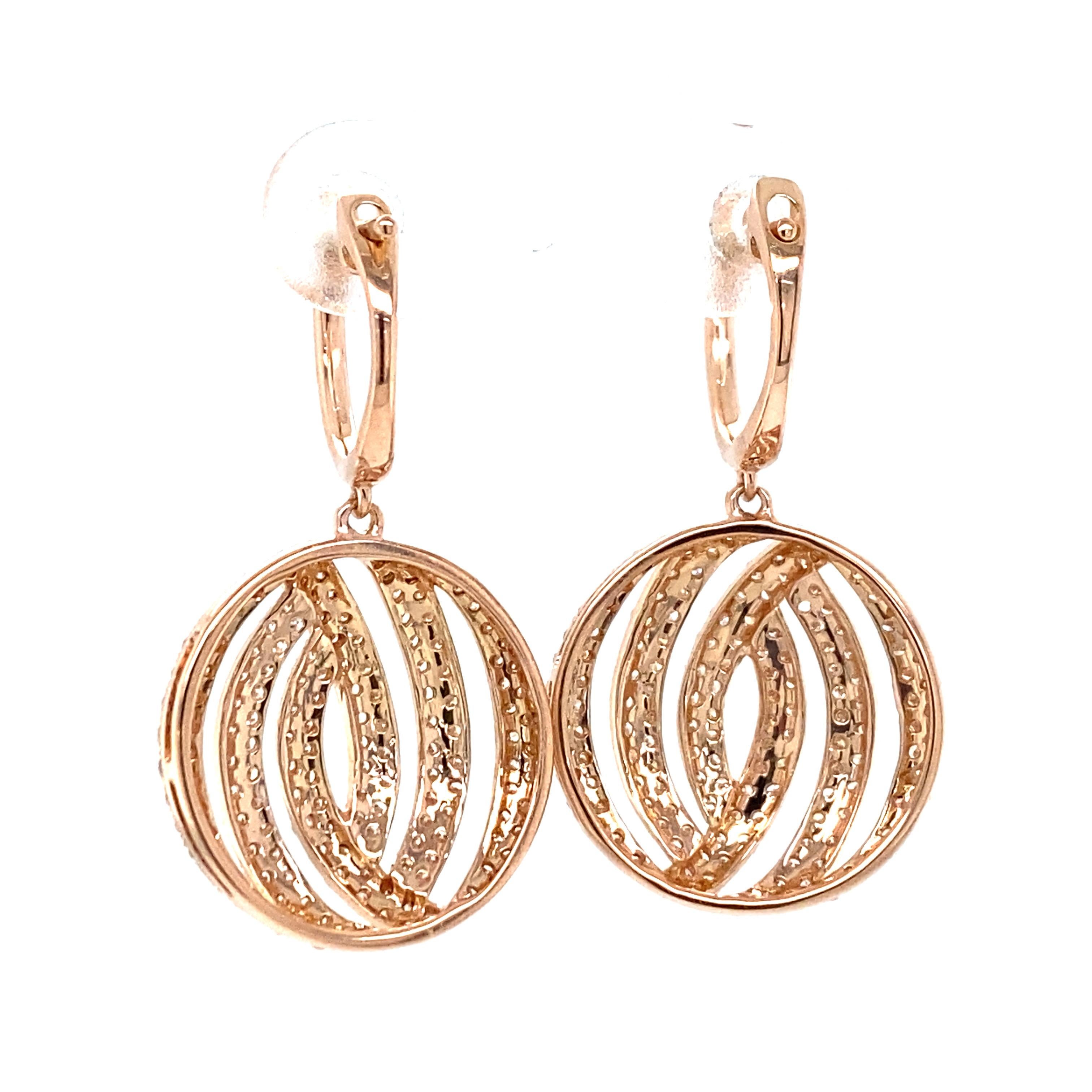 Round Cut Effy Diamond Dangle 14k Rose Gold Earrings For Sale