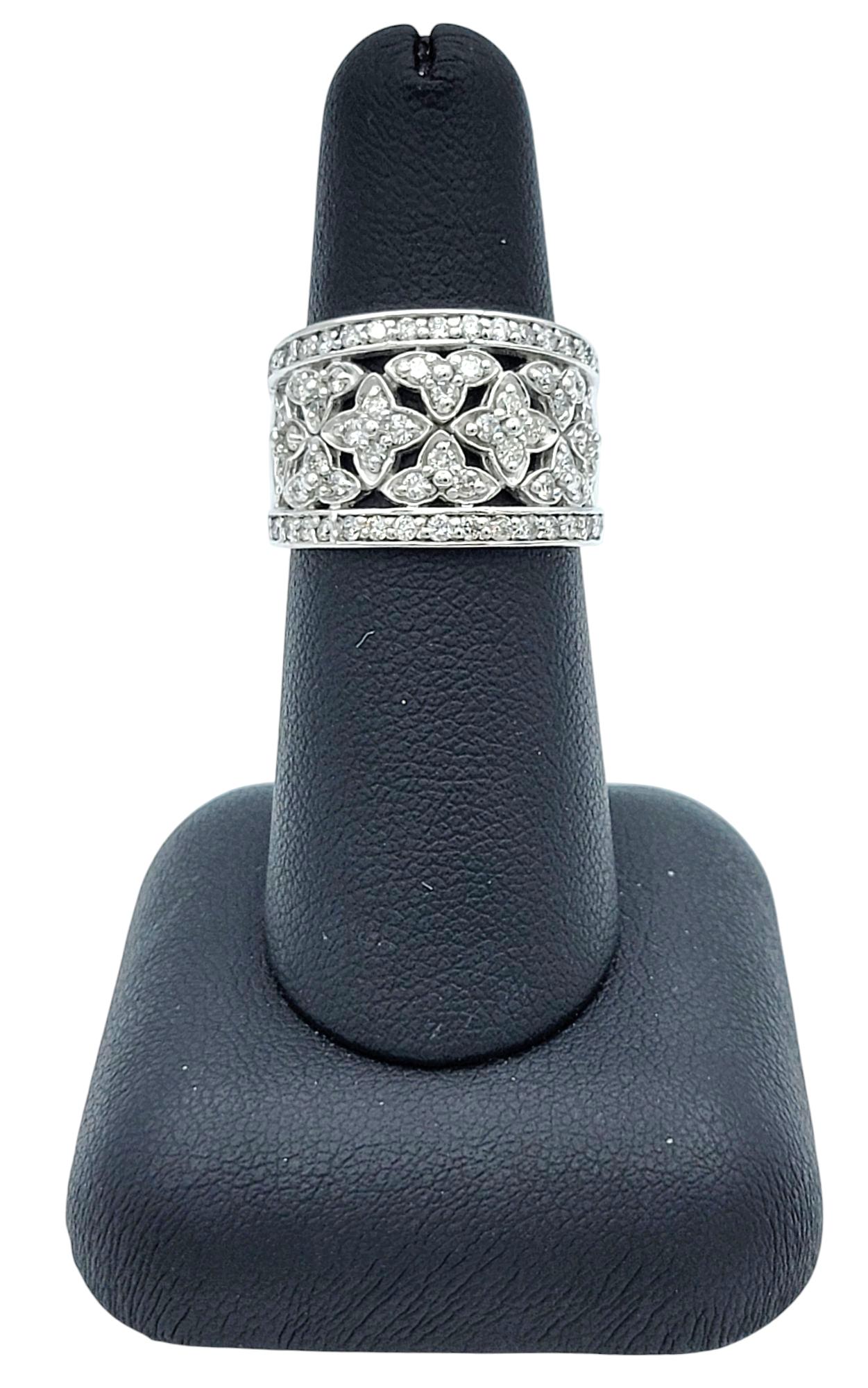 Effy Diamond Floral Motif Wide Cutout Band Ring in Polished 14 Karat White Gold For Sale 4