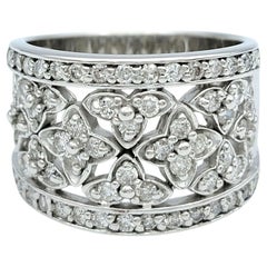 Effy Diamond Floral Motif Wide Cutout Band Ring in Polished 14 Karat White Gold