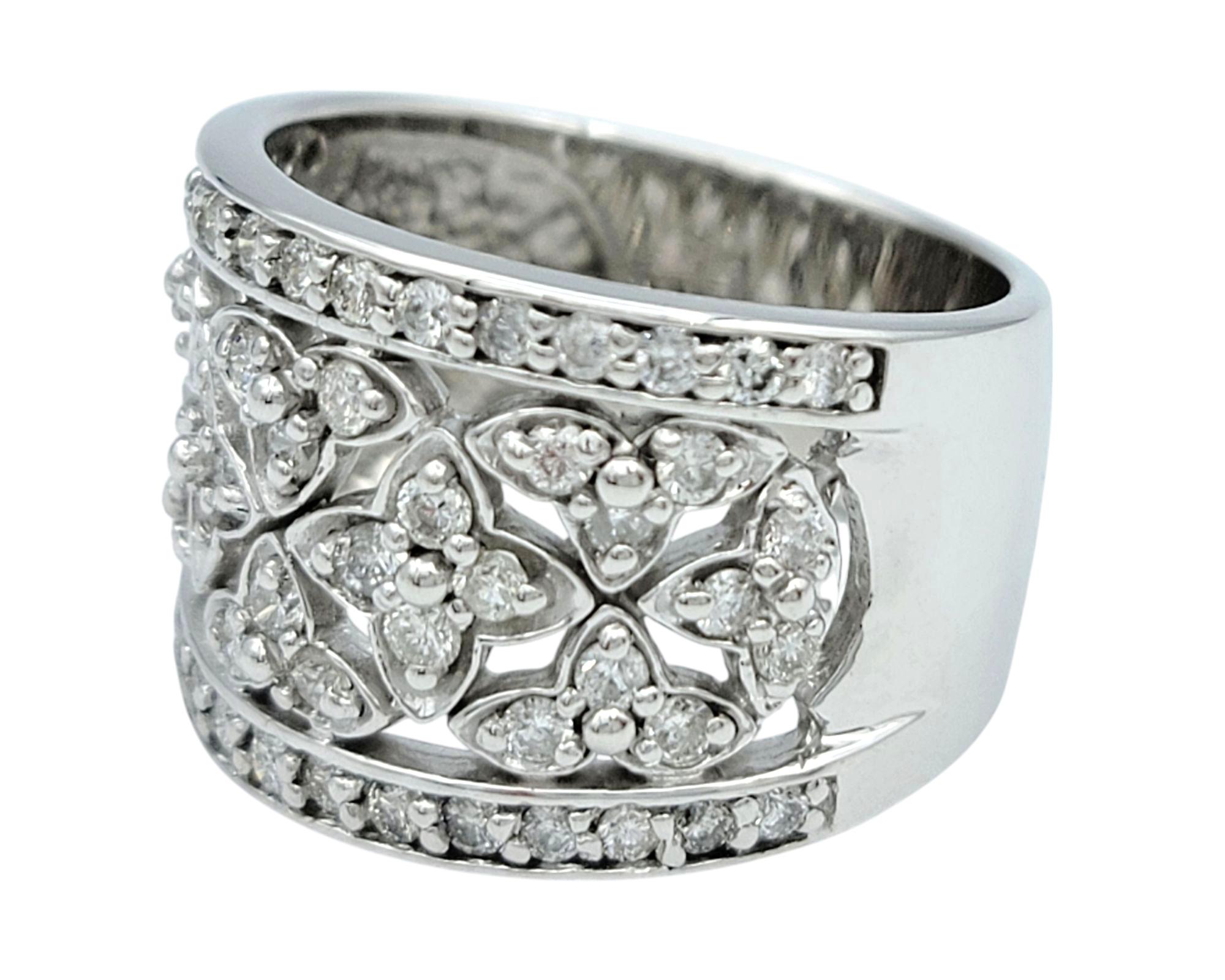Contemporary Effy Diamond Floral Motif Wide Cutout Band Ring in Polished 14 Karat White Gold For Sale