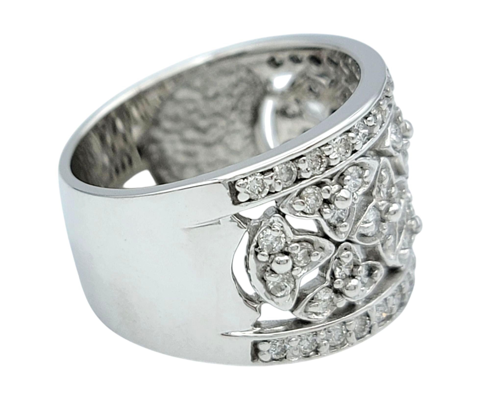 Round Cut Effy Diamond Floral Motif Wide Cutout Band Ring in Polished 14 Karat White Gold For Sale