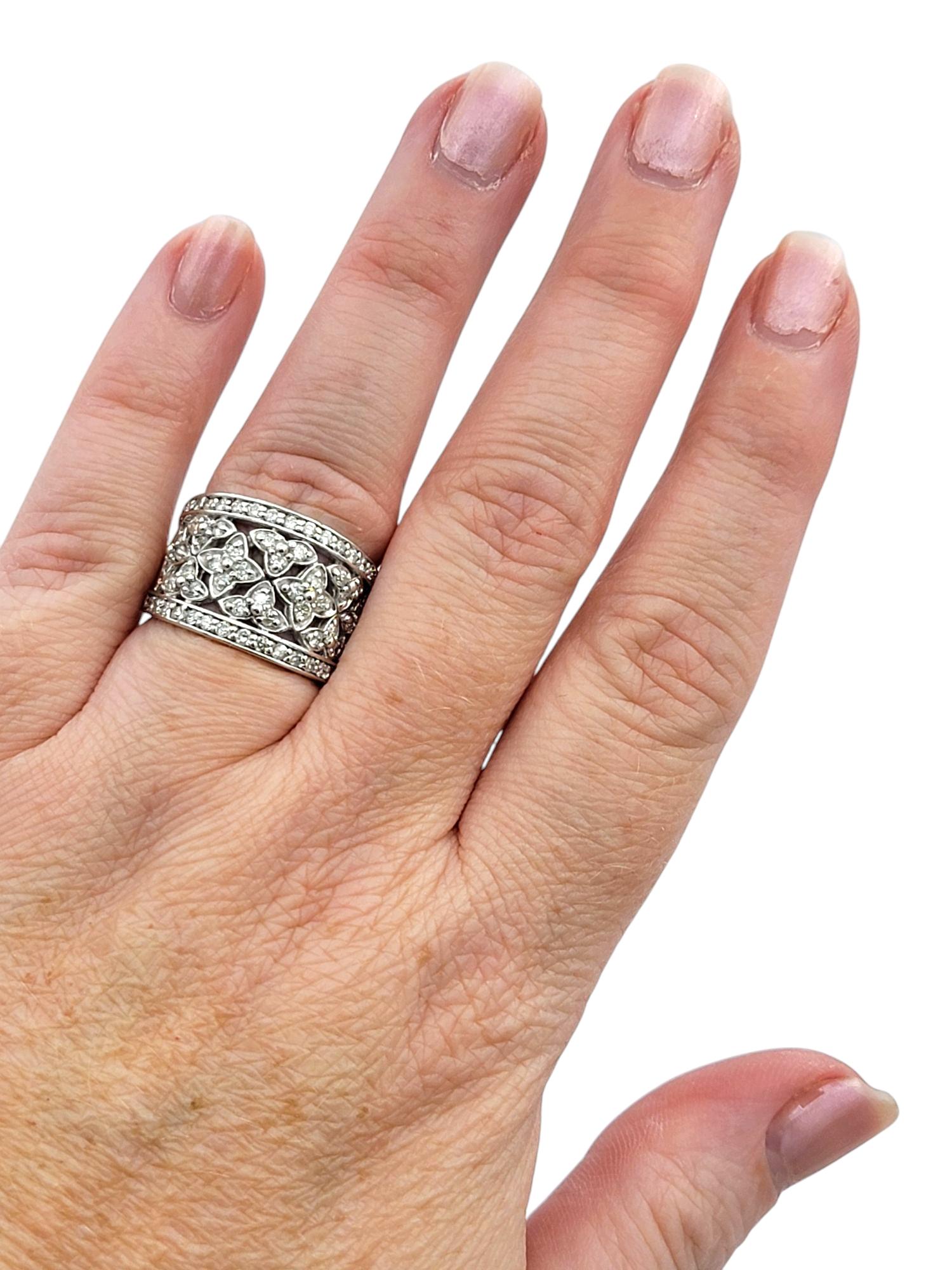 Effy Diamond Floral Motif Wide Cutout Band Ring in Polished 14 Karat White Gold For Sale 2