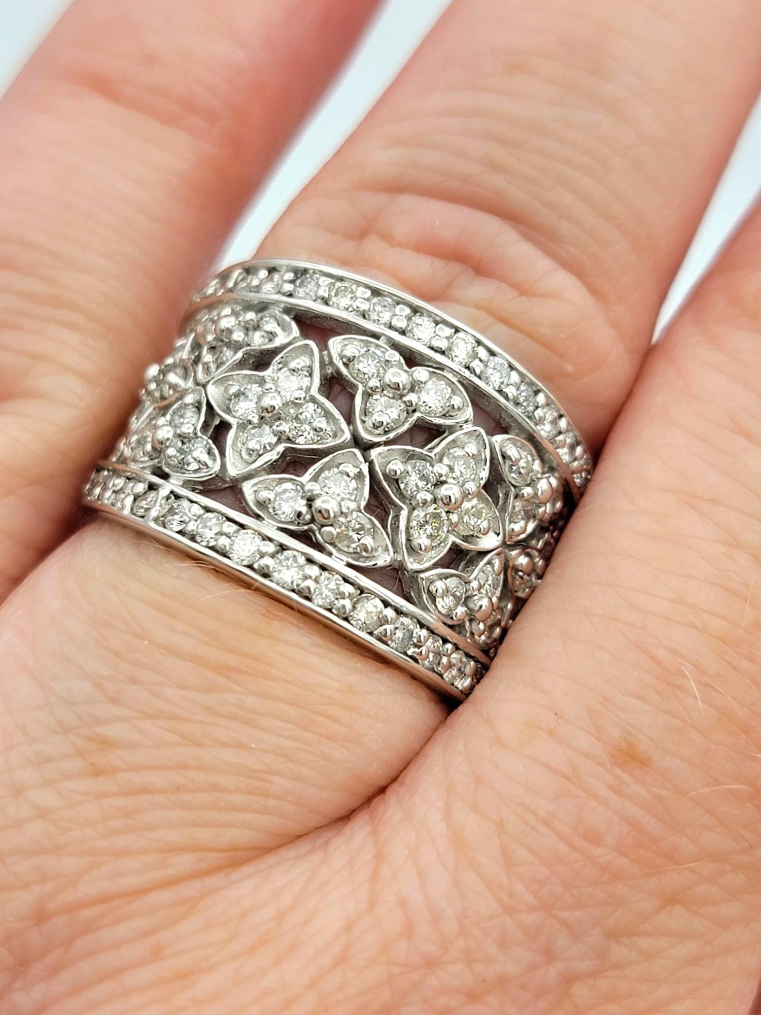 Effy Diamond Floral Motif Wide Cutout Band Ring in Polished 14 Karat White Gold For Sale 3