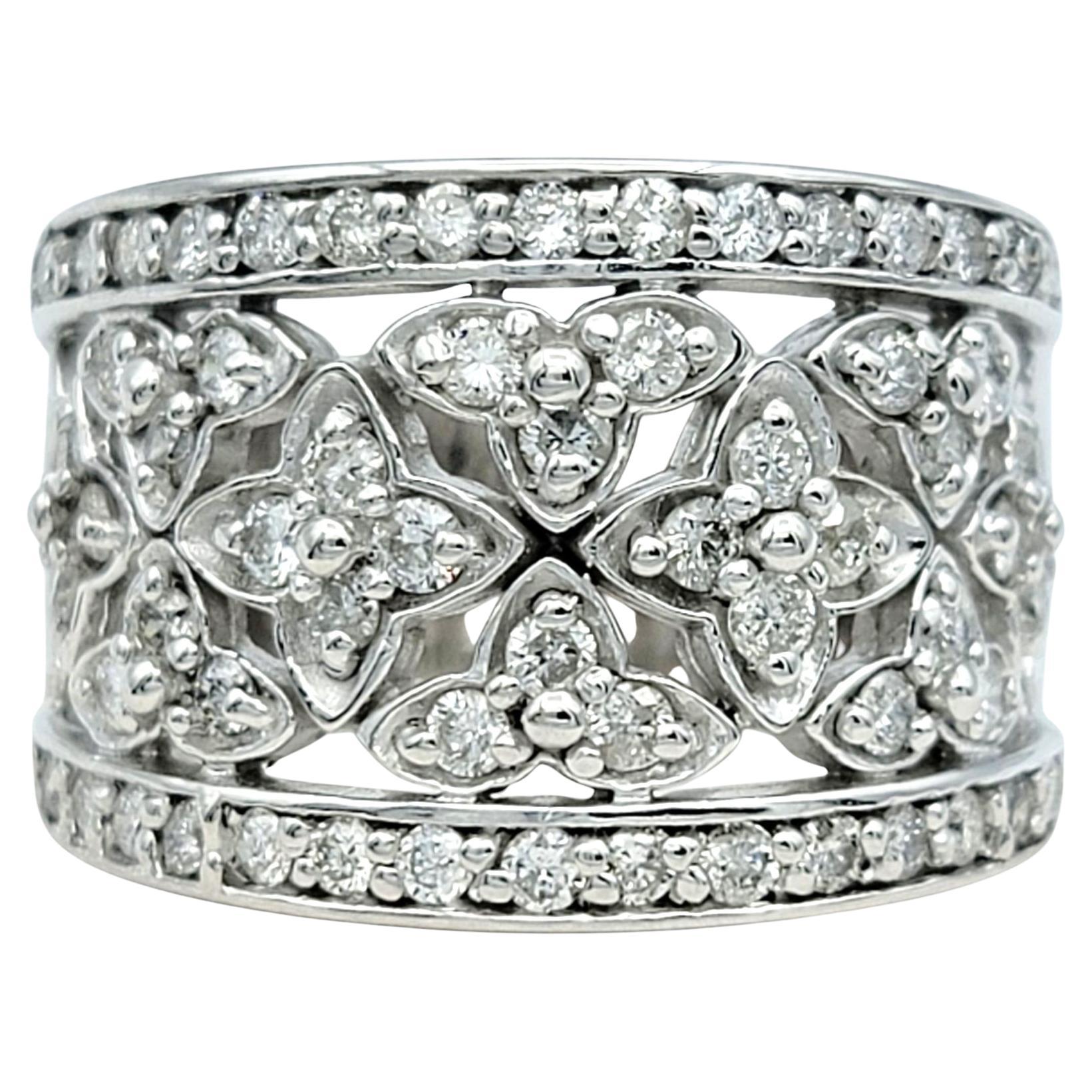 Effy Diamond Floral Motif Wide Cutout Band Ring in Polished 14 Karat White Gold