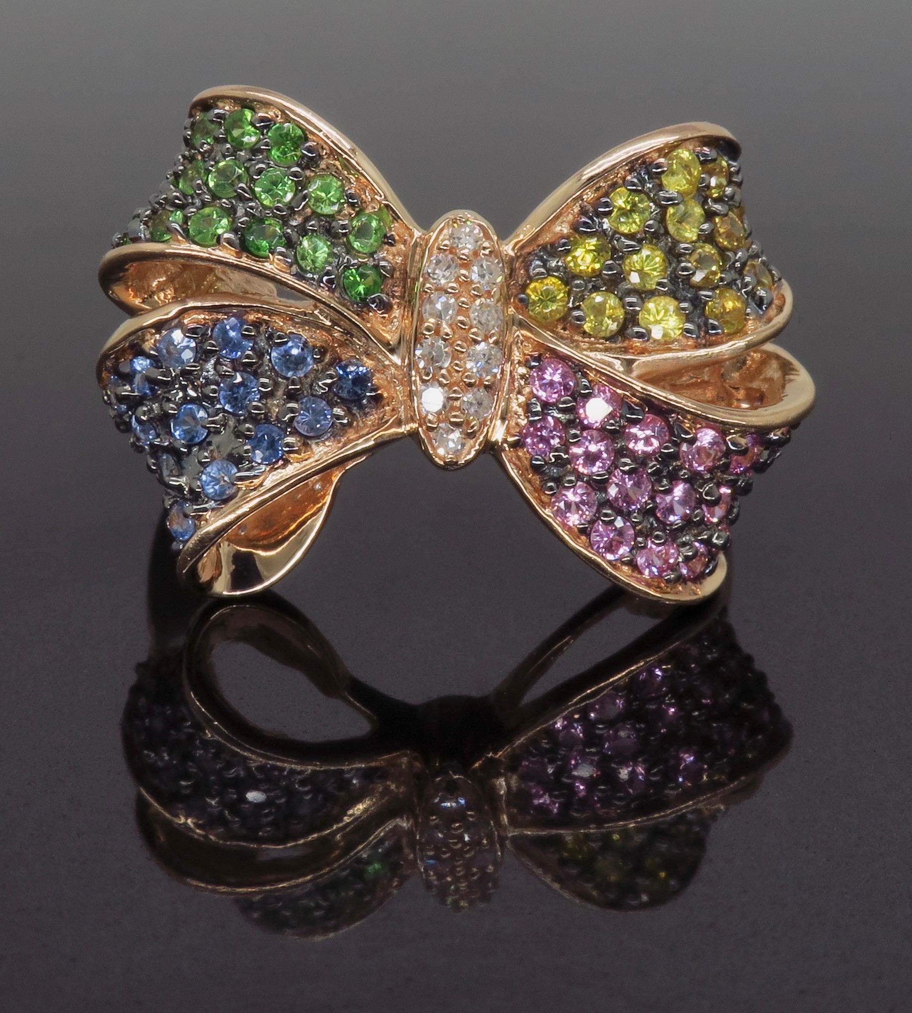 Round Cut Effy Diamond and Multi-Colored Sapphire Bow Ring