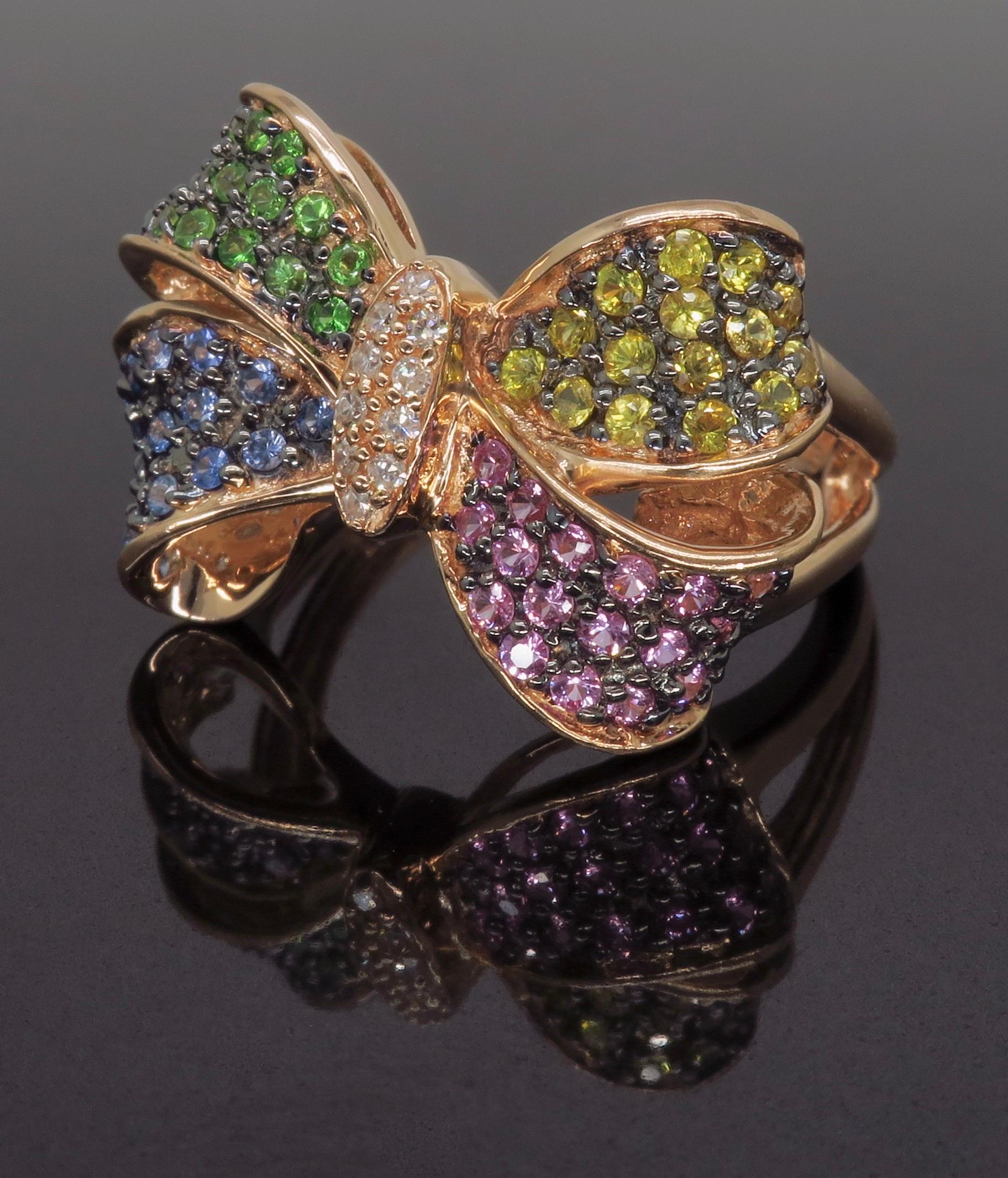 Effy Diamond and Multi-Colored Sapphire Bow Ring In Excellent Condition In Webster, NY