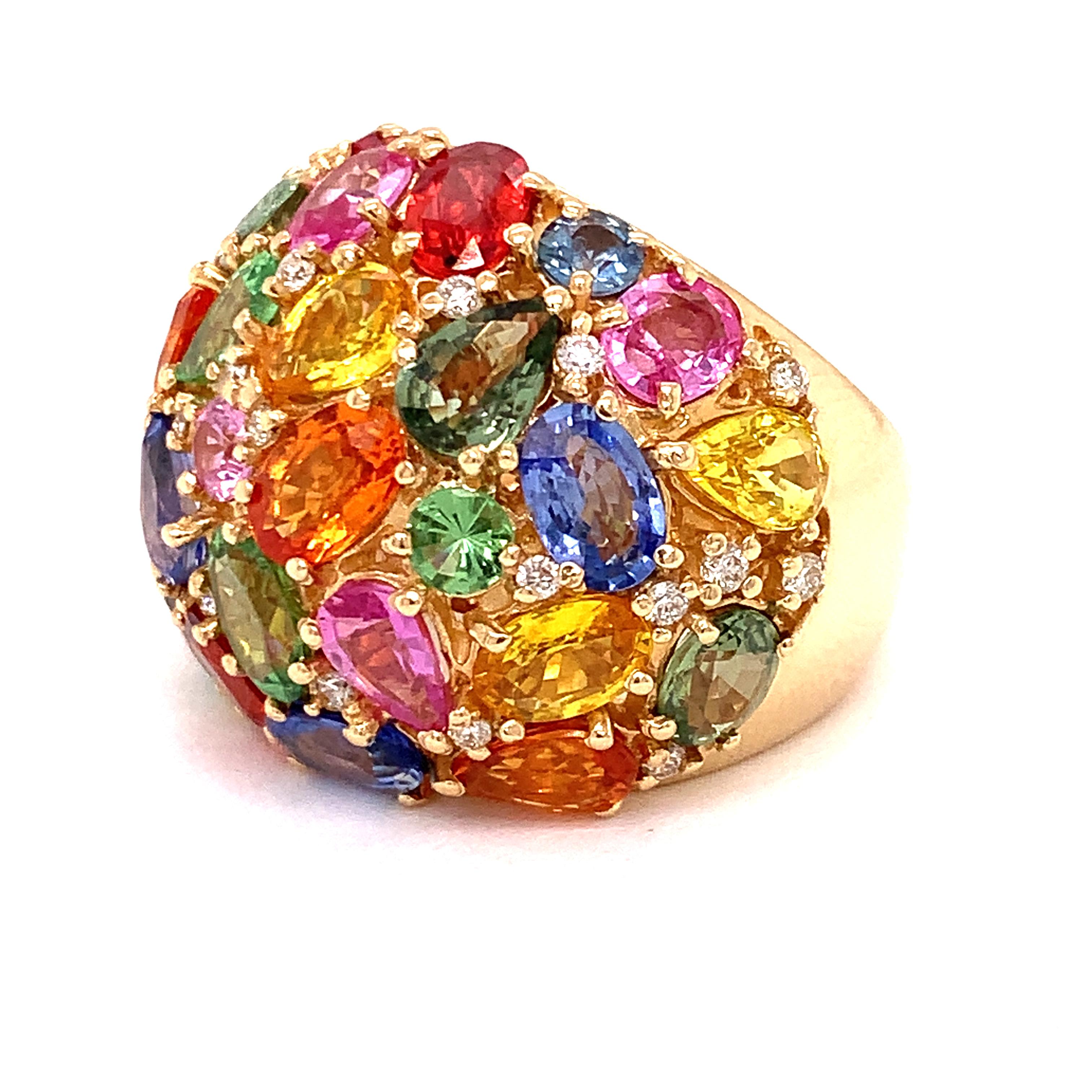 This fun ring looks better than a jar of candy! Fabulous multicolor Effy ring features a rainbow of colors in sapphire and tsavorite accented by .31 cttw white diamonds.  This bold statement ring would be a high fashion compliment a monochromatic