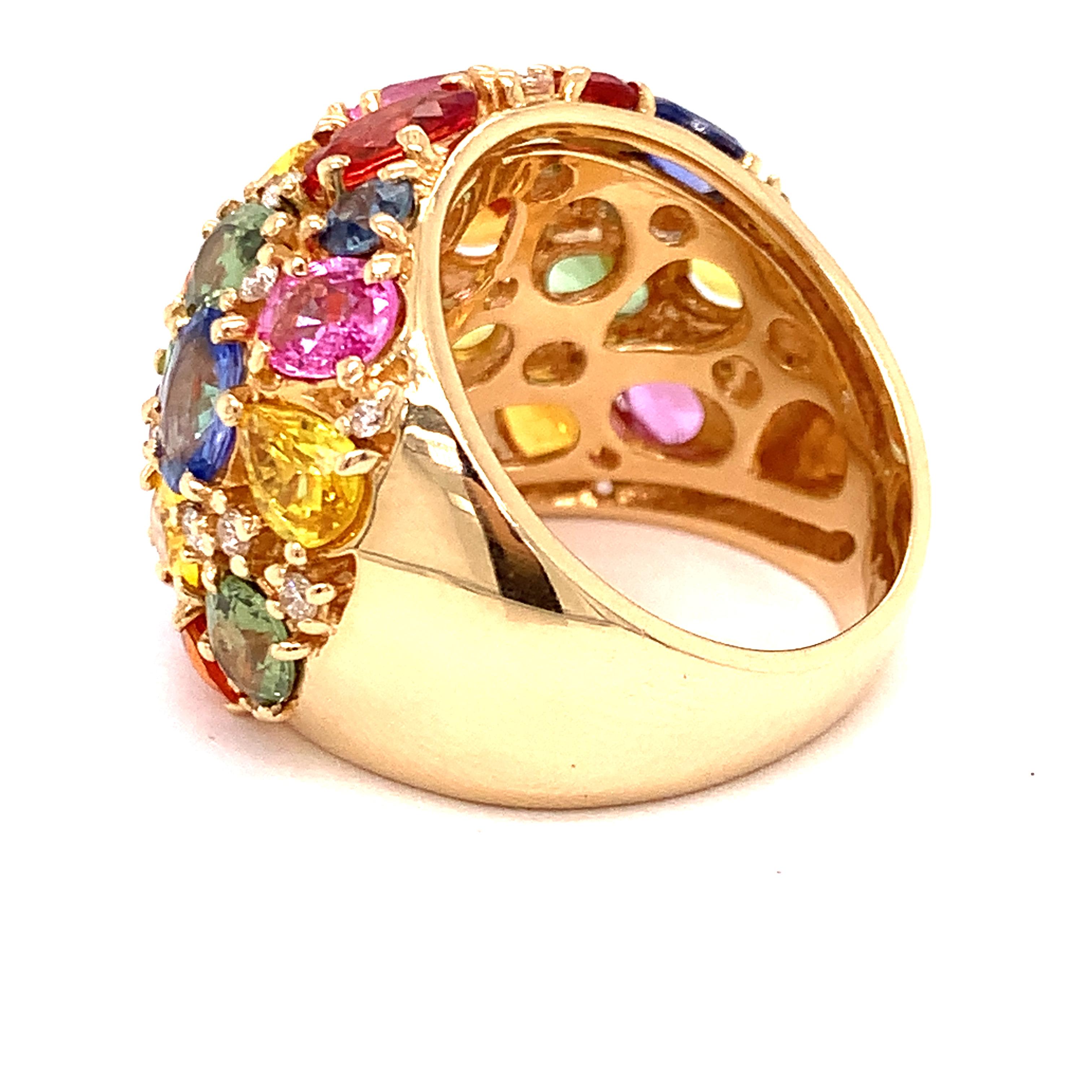 Effy Diamond, Sapphire and Tsavorite Multi Color Cluster Ring In New Condition In Derby, NY